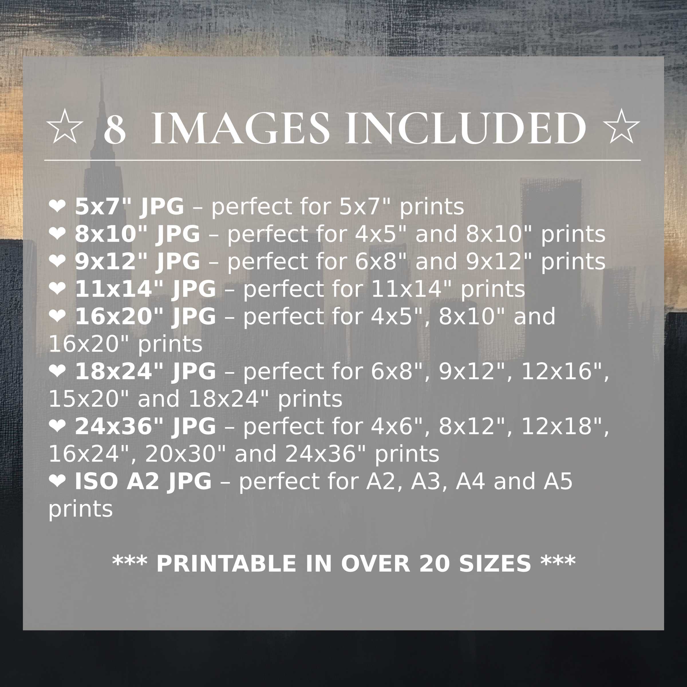 Urban digital print with radiant gold and deep gray hues, offering 8 high-quality sizes included to elevate modern interiors with timeless style
