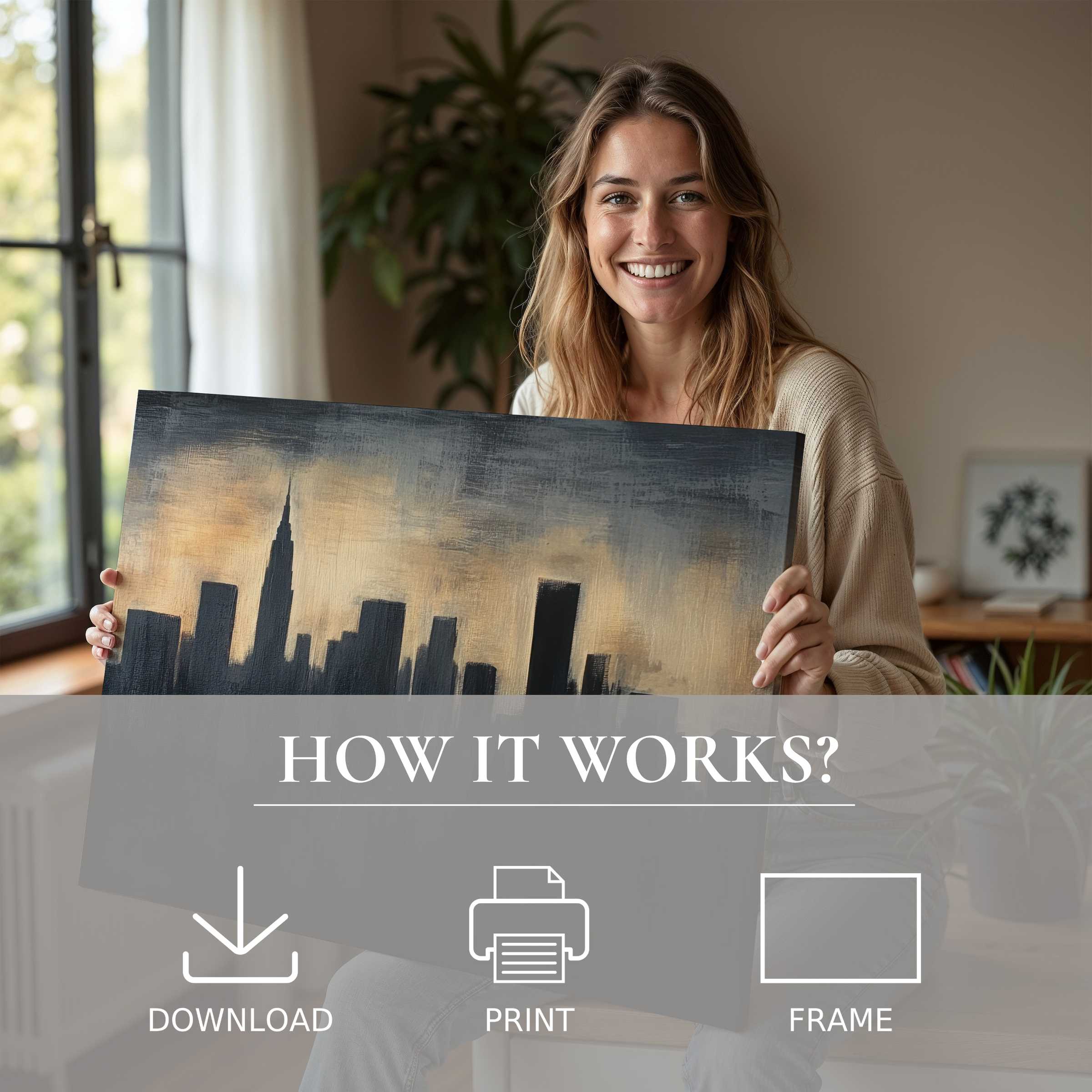 Contemporary urban digital art print embraced in a sunlit, modern home, evoking warmth, joy, and effortless elegance