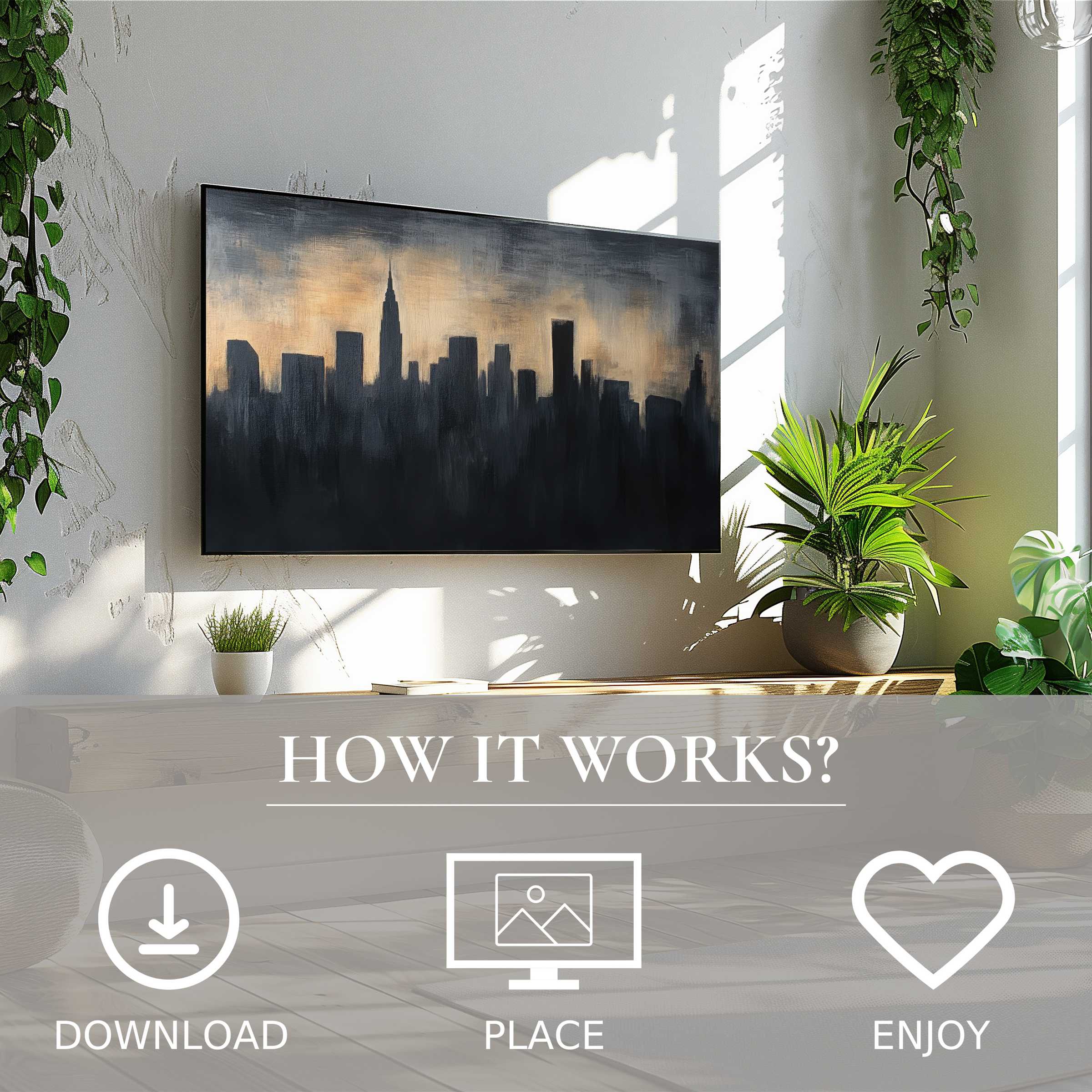 Urban art for Samsung TV shows dusk skyline motif, easy digital download enriches bright, modern living spaces with style