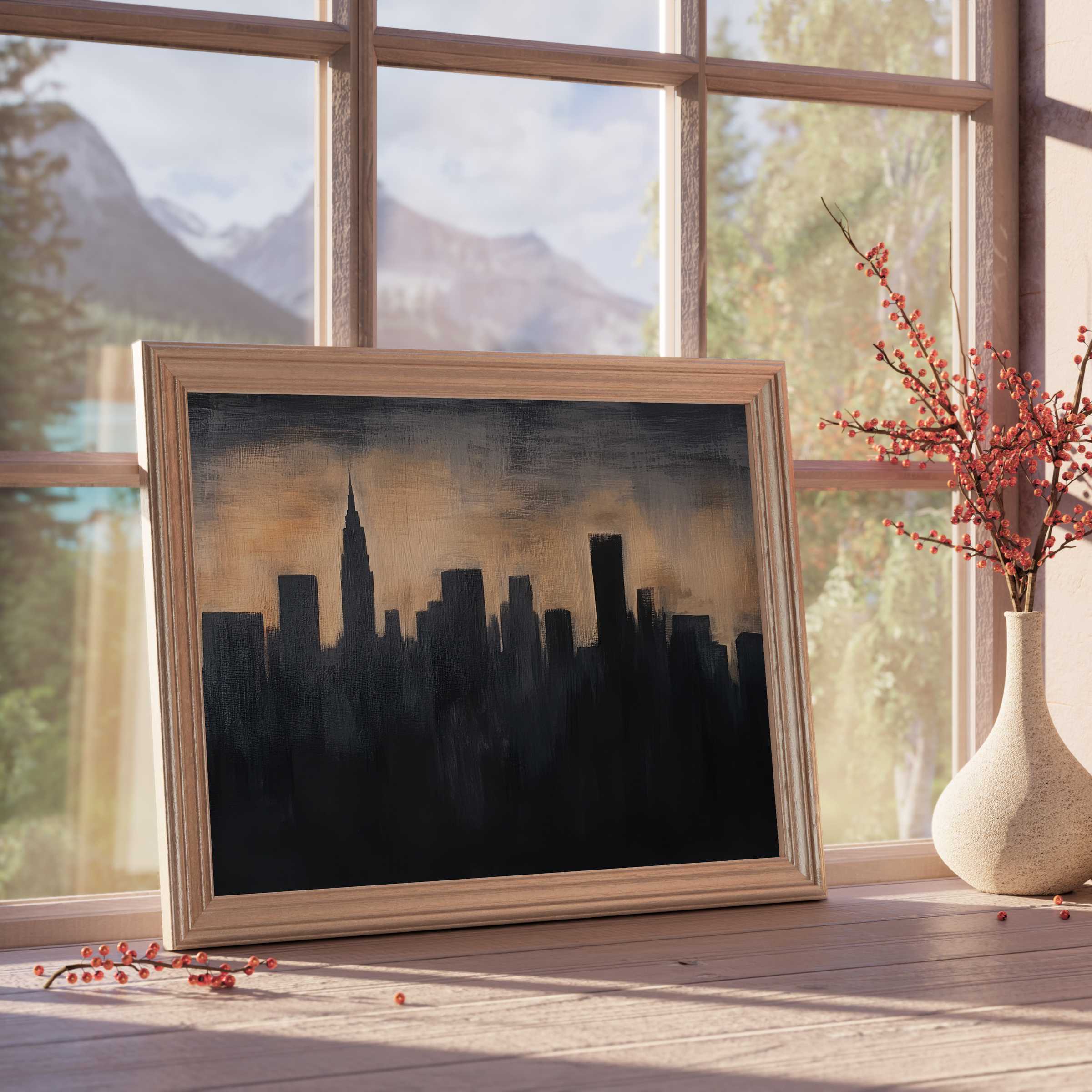 Moody urban downloadable art capturing a sleek city skyline at dusk, perfect for elevating modern, tranquil interiors