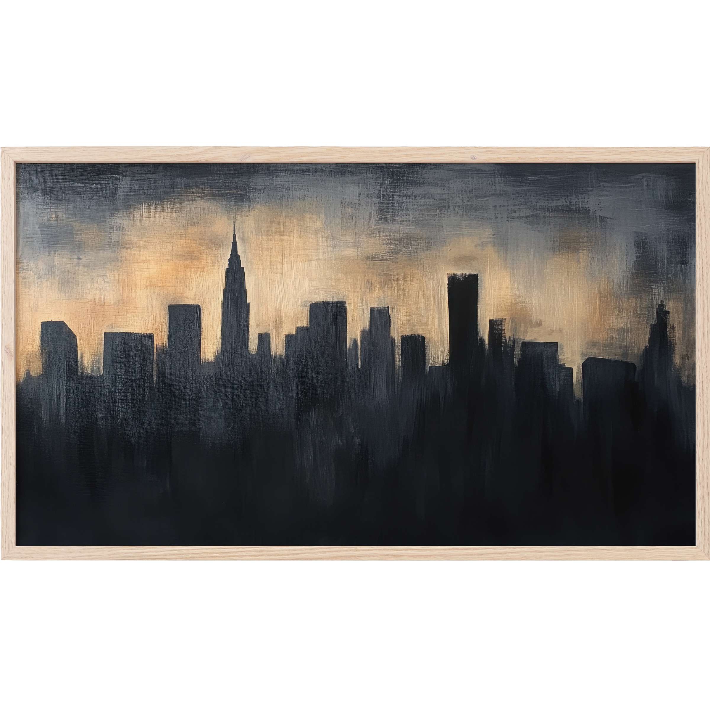 Urban skyline silhouette in deep blacks and warm golds, evoking dusk with elegant urban Frame TV Art style