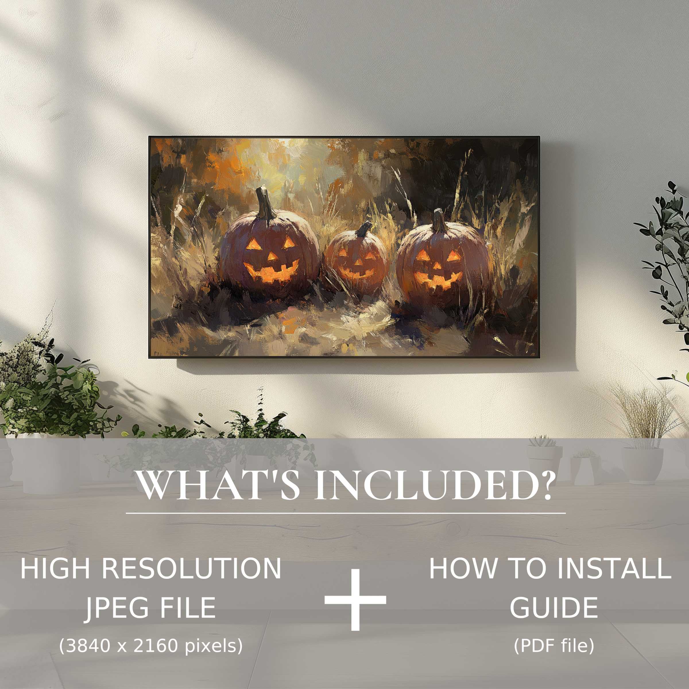 Elegant living room with Halloween digital TV art download; easy use enhances warm, stylish decor with spooky pumpkins