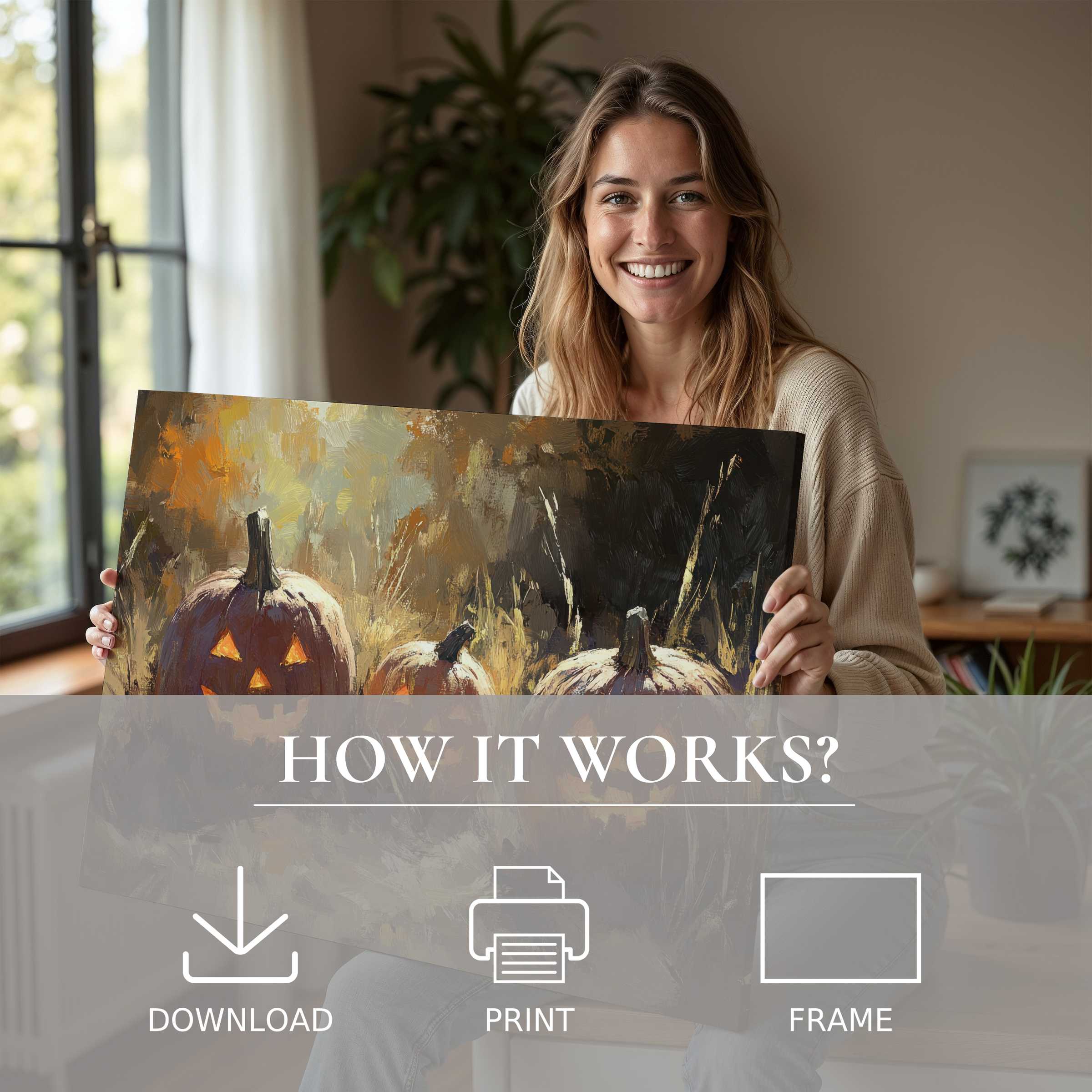Elegant Halloween digital art print embraced with warmth and joy in a sunlit modern home, inspiring effortless style