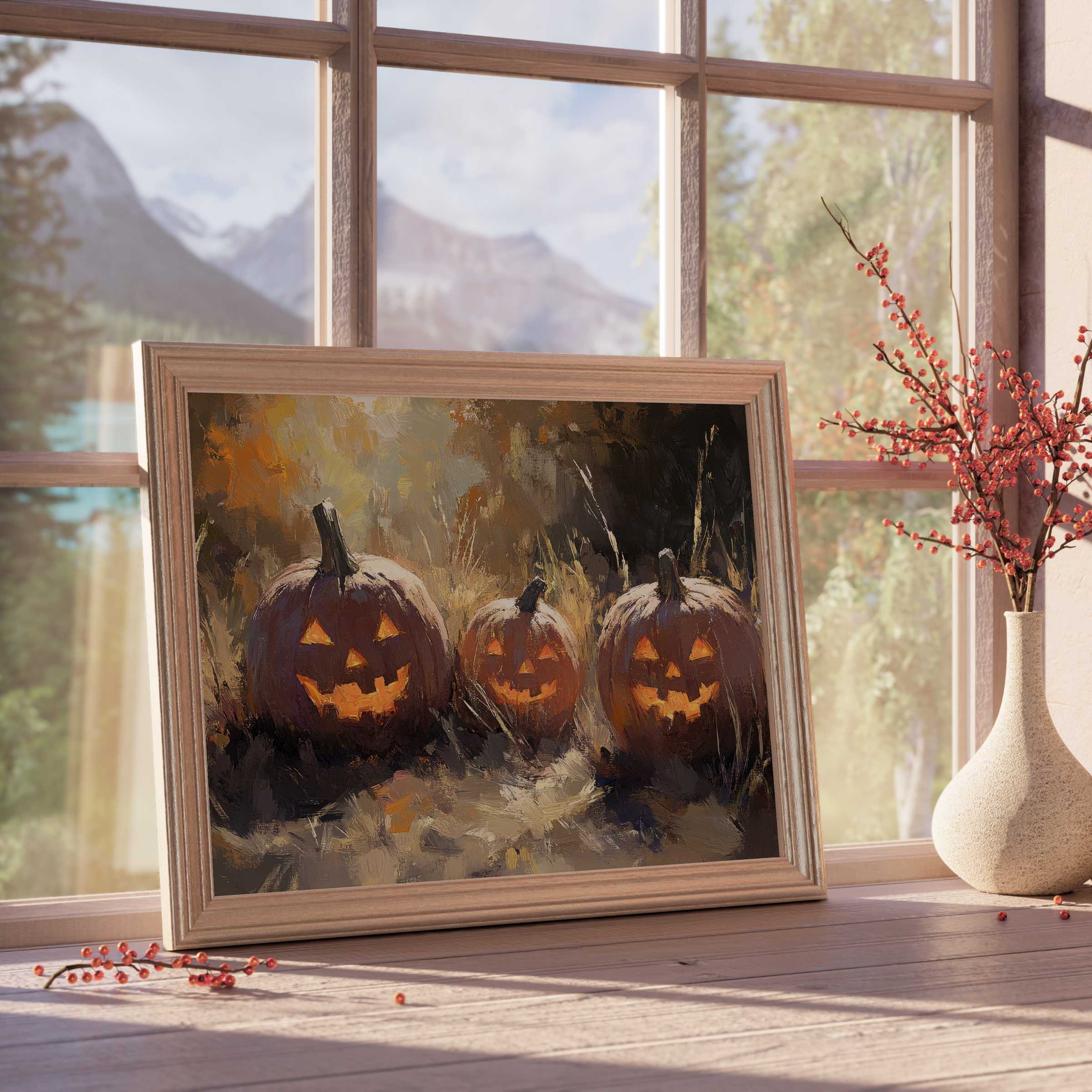 Halloween downloadable art featuring glowing jack-o'-lanterns in warm autumn hues, elevating elegant, cozy interiors with festive charm and curated seasonal style