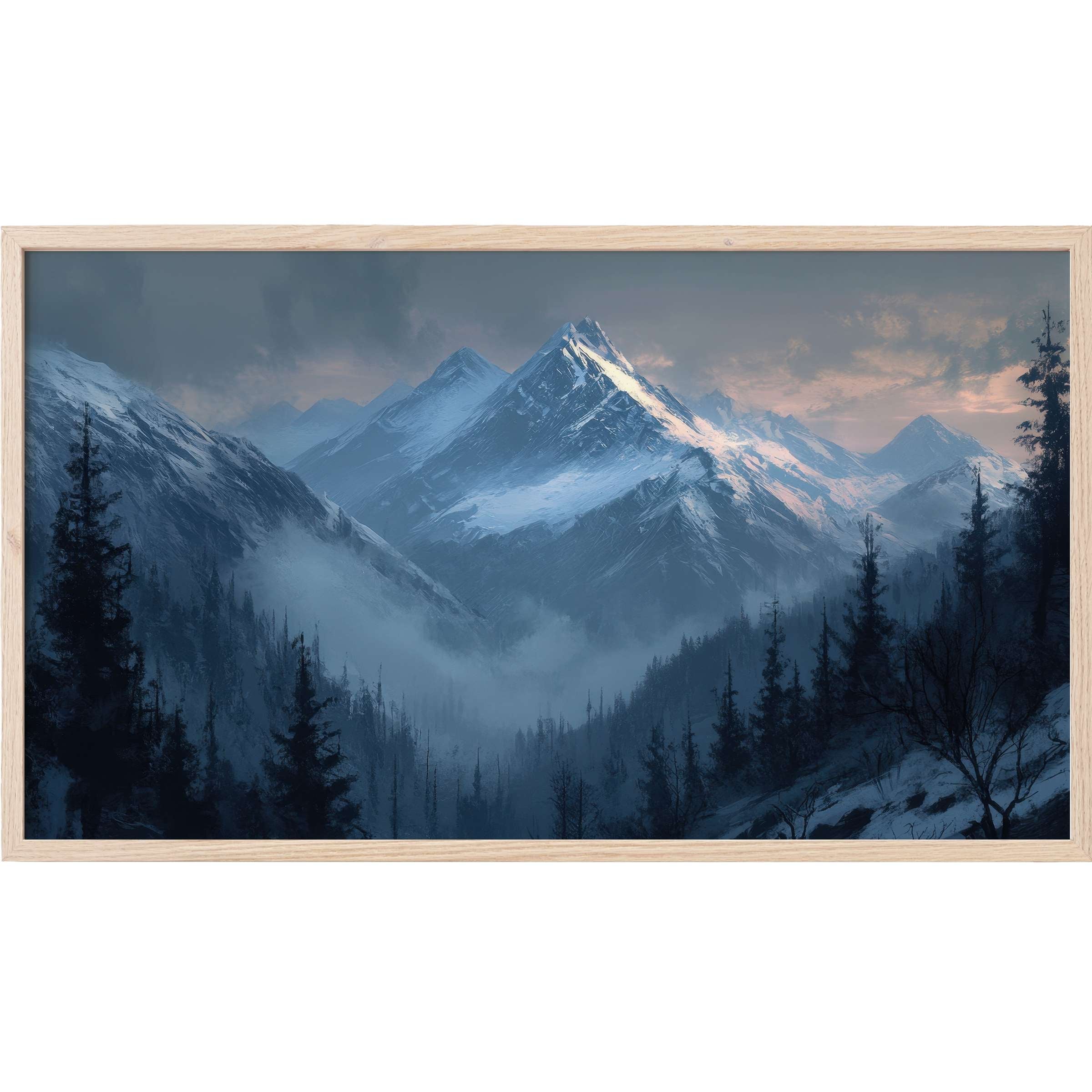 Serene mountain peaks enveloped in mist with deep blues and soft light, perfect landscape Frame TV Art