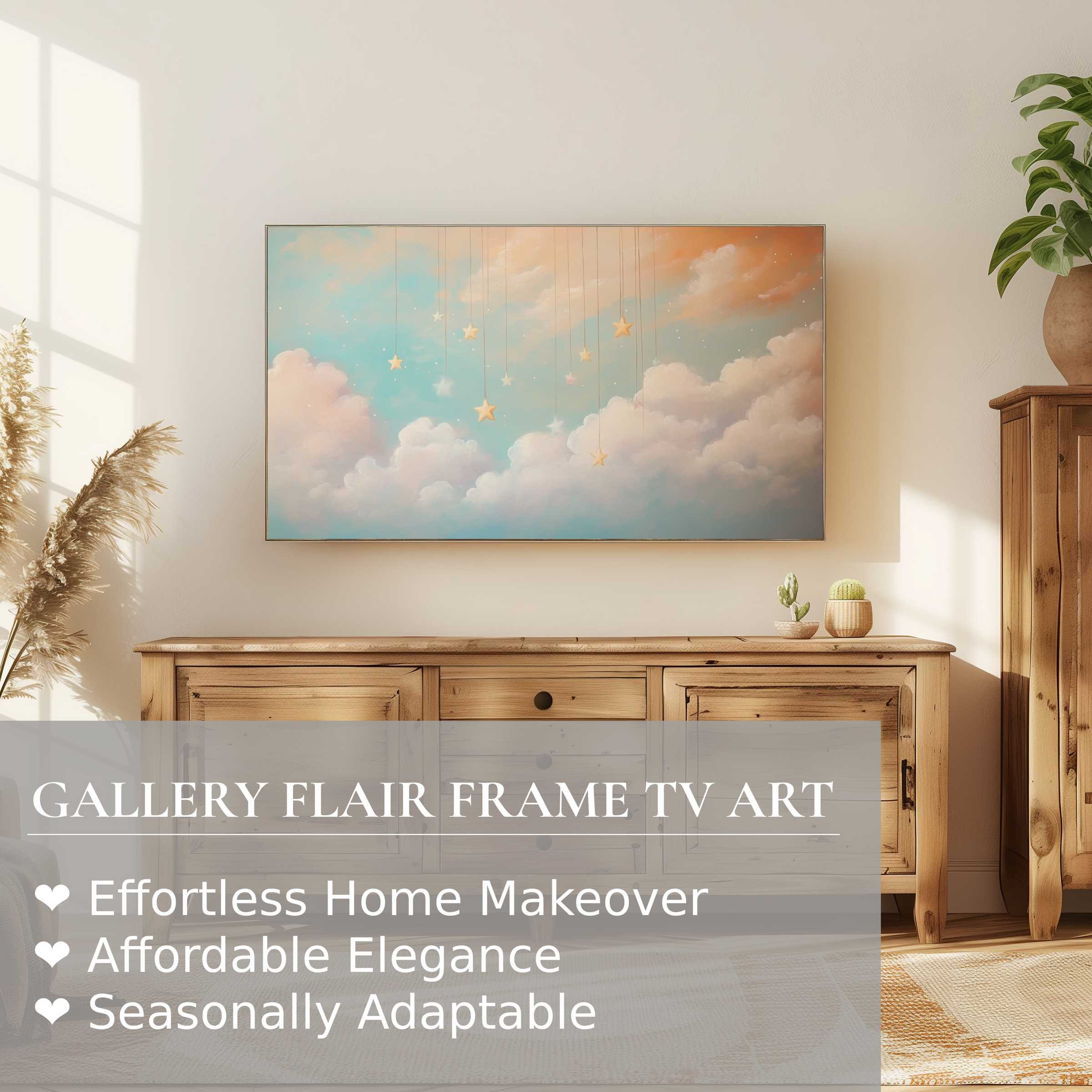 Elegant nursery digital artwork of hanging stars and clouds on Samsung Frame TV in warm, modern home decor setting