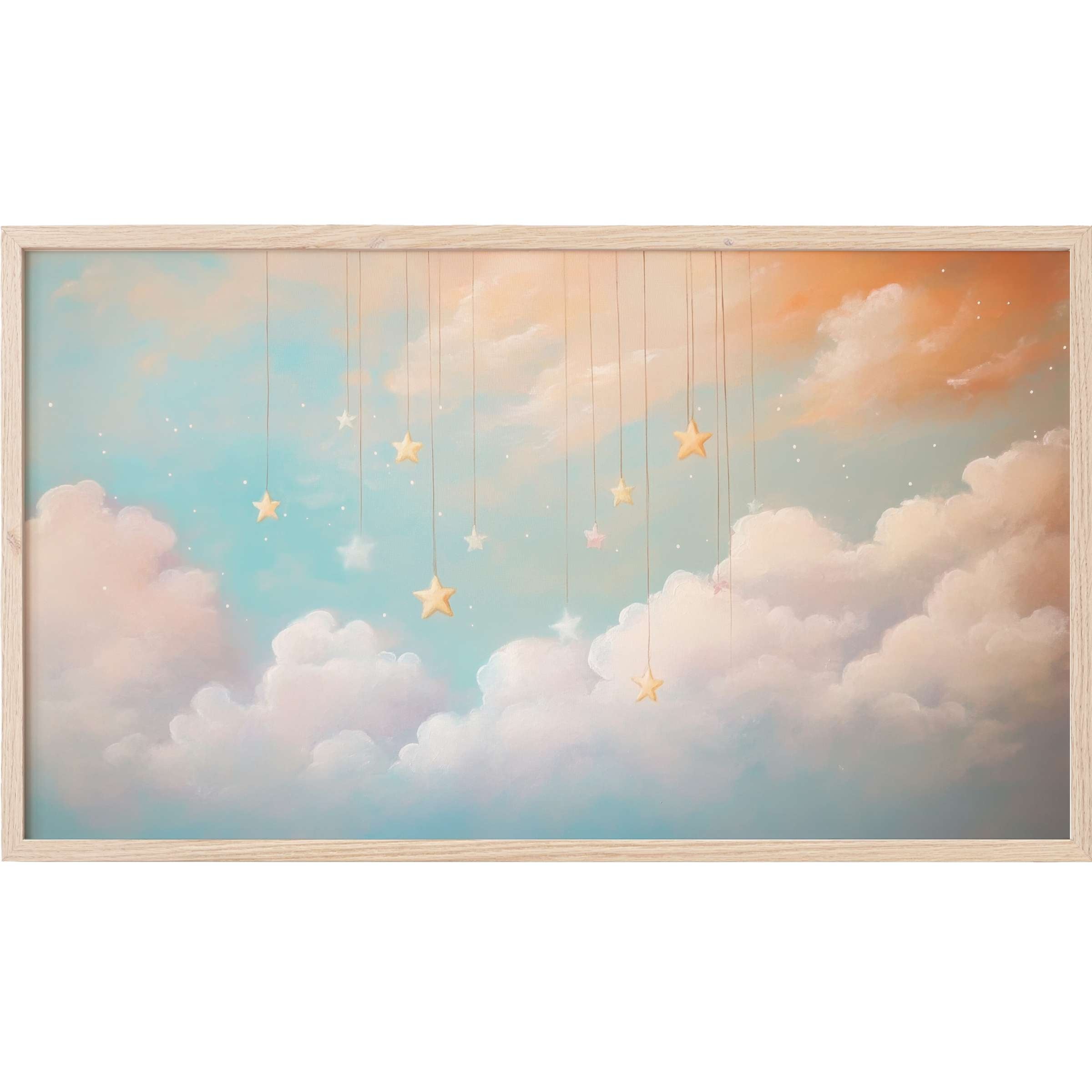Dreamy pastel sky with soft clouds and hanging stars in warm hues, perfect nursery Frame TV Art