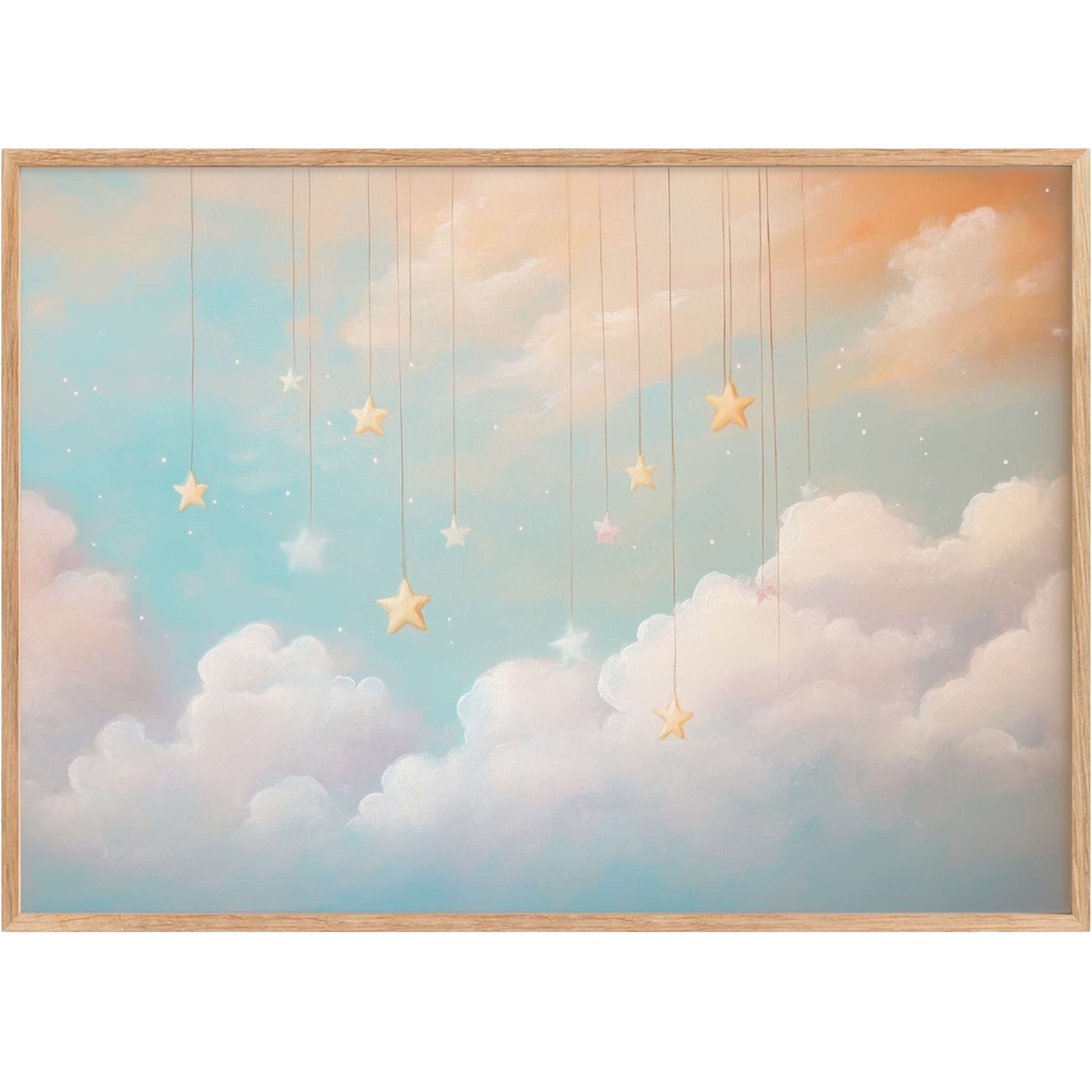 Dreamy nursery printable wall art featuring soft pastel clouds and suspended golden stars, evoking a serene, ethereal ambiance