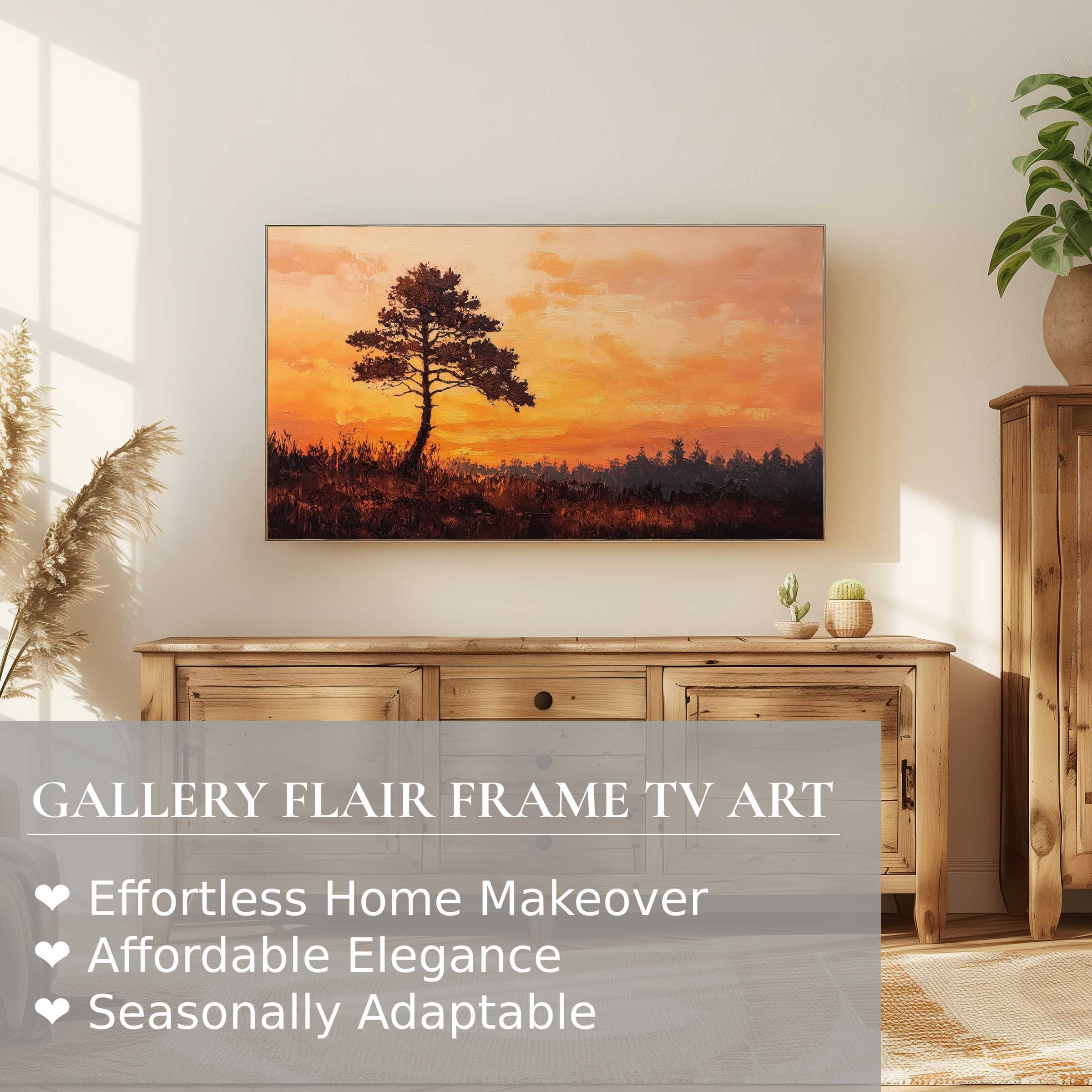 Samsung Frame TV displays warm tree digital artwork, enhancing modern rustic interiors with elegant, nature-inspired decor