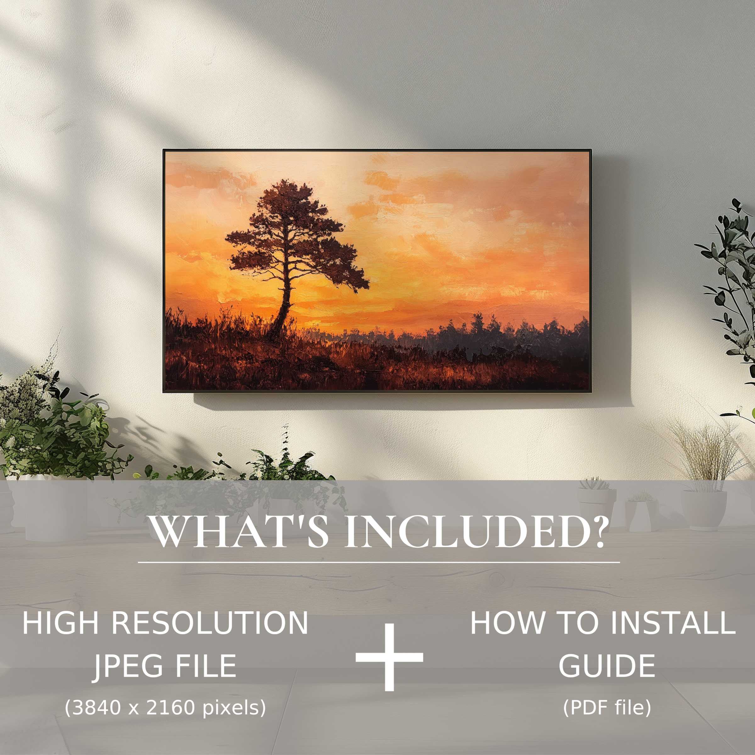 Elegant tree digital TV art download with warm sunset hues, easily enhancing modern living spaces via digital use