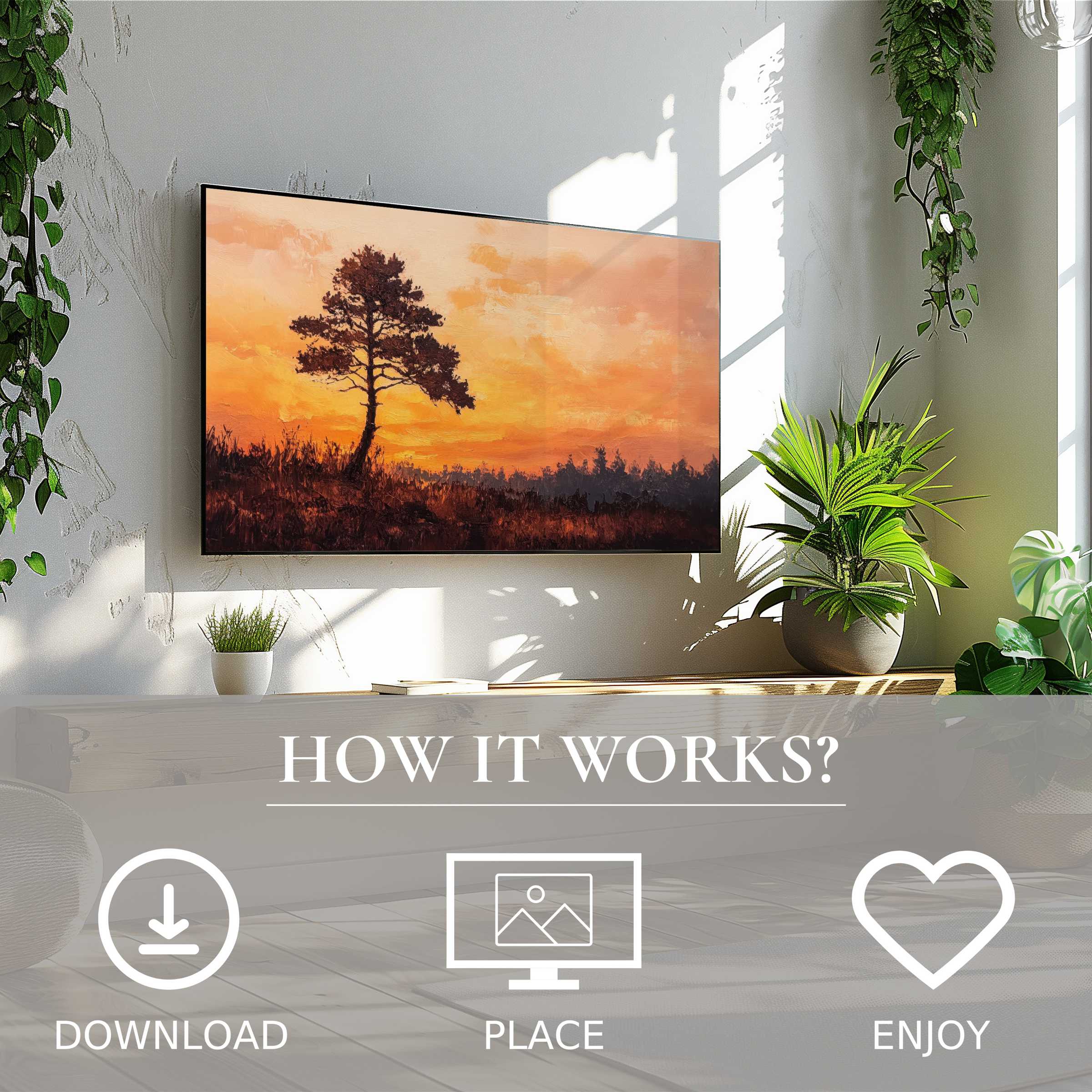 Tree art for Samsung TV shows warm sunset tones, easy digital download to elevate modern living spaces with serene nature