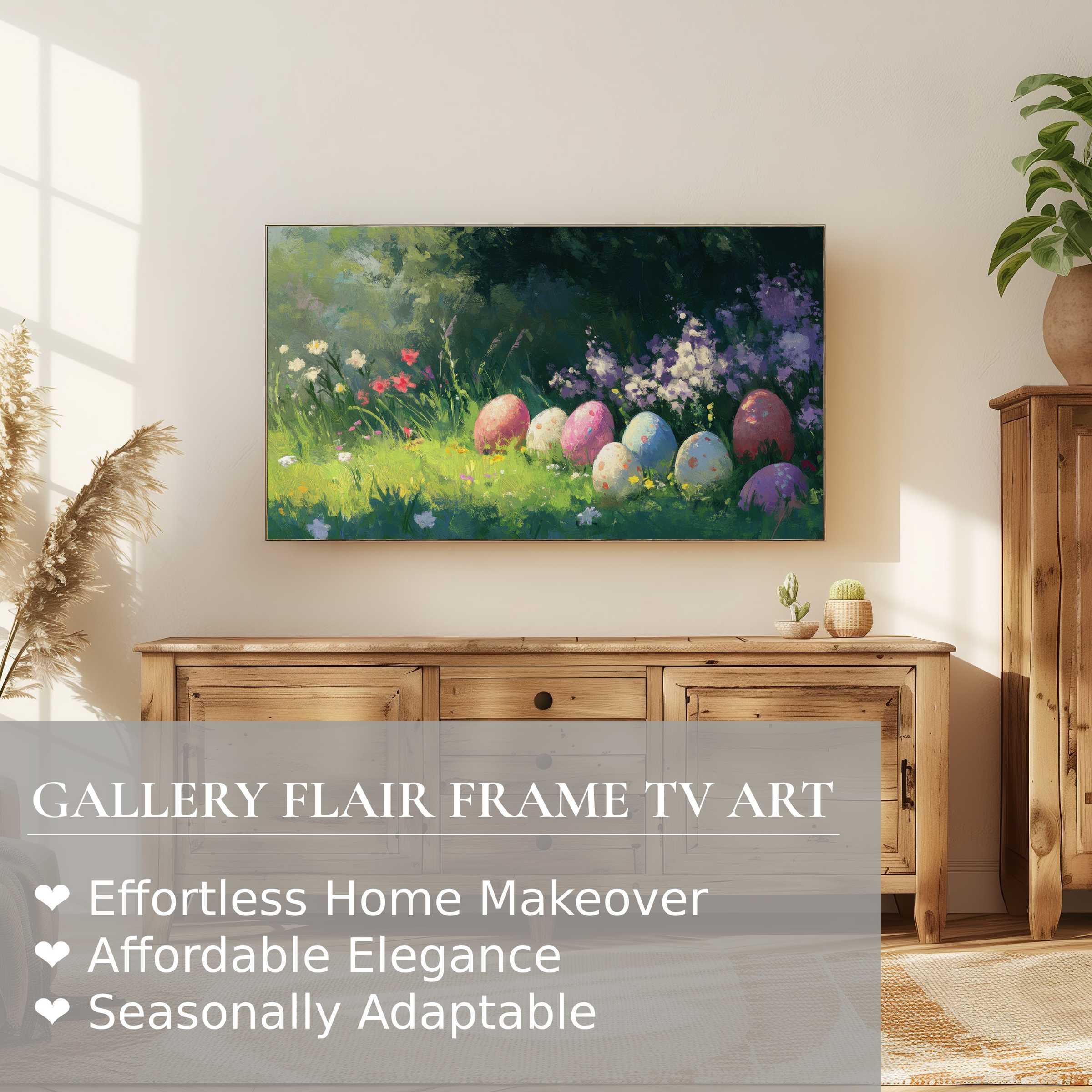 Samsung Frame TV displaying elegant easter digital artwork in a sunlit modern living room setting