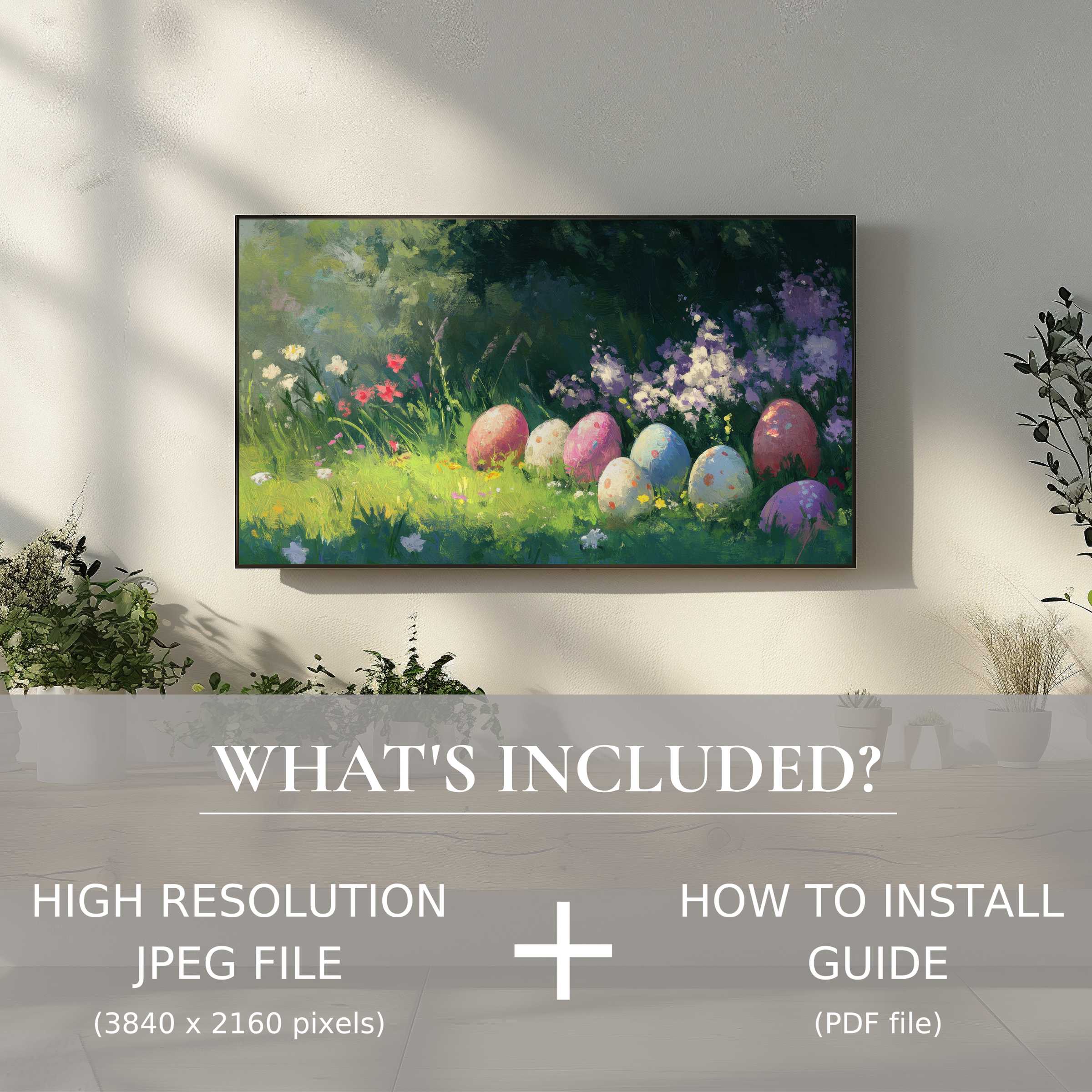 Elegant living room with easter digital TV art download featuring vibrant eggs, enhancing spaces with effortless digital style