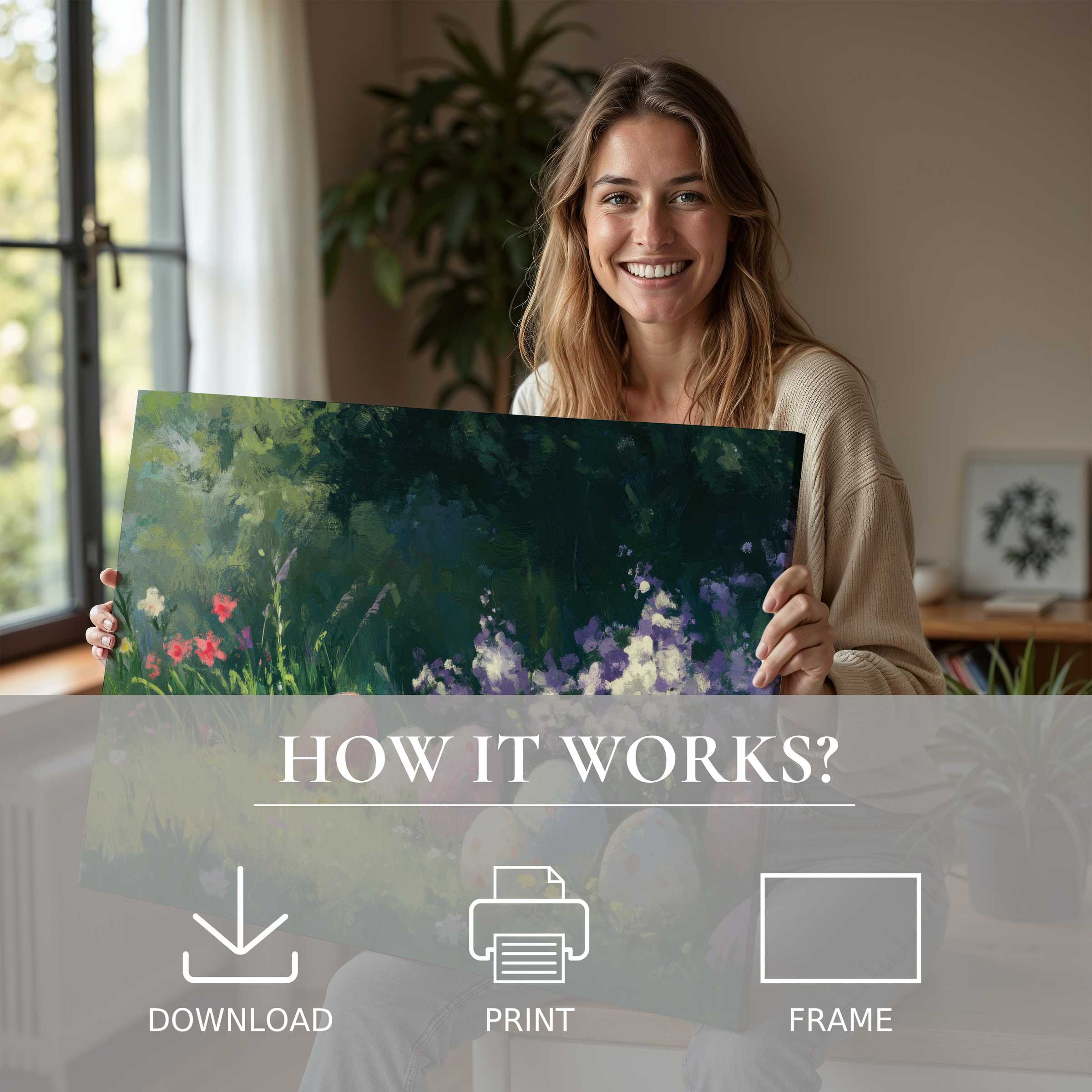 A woman’s radiant smile brightens a serene moment, embracing an easter digital art print that infuses her modern home with joyful, verdant hues