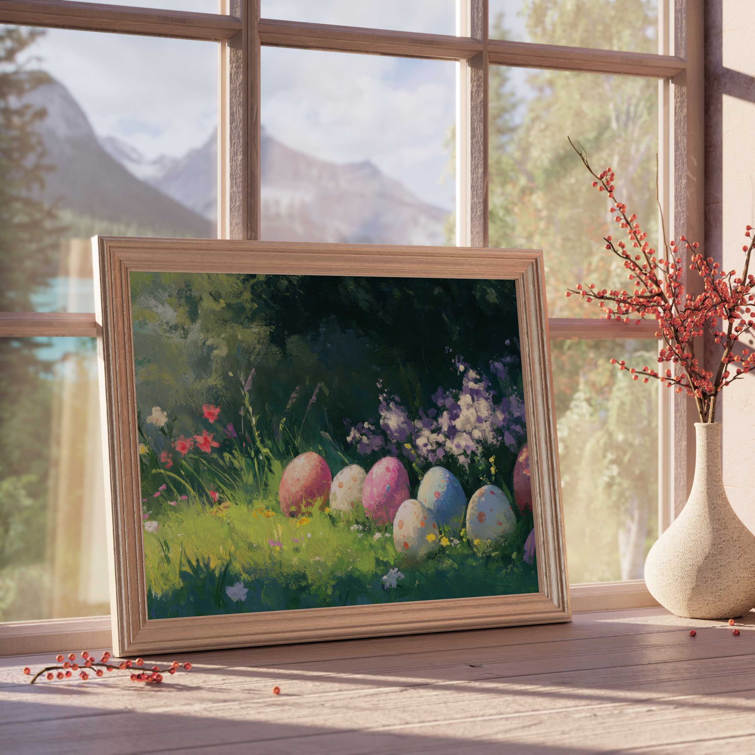 Easter downloadable art depicting serene pastel eggs nestled in lush spring blooms, perfect for elevating tranquil, design-forward interiors