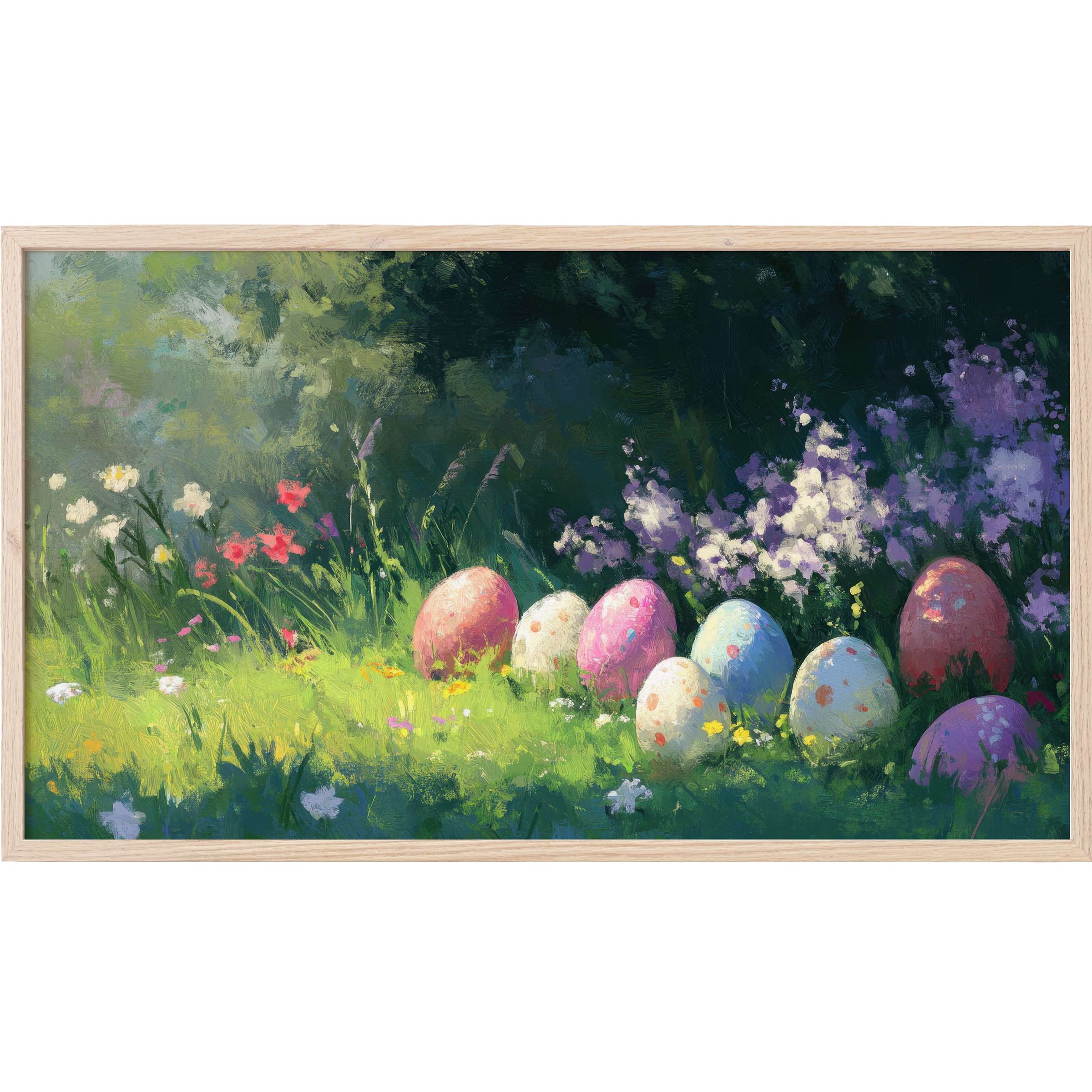 easter Frame TV Art with vibrant pastel eggs nestled in lush greenery and delicate wildflowers, impressionist style