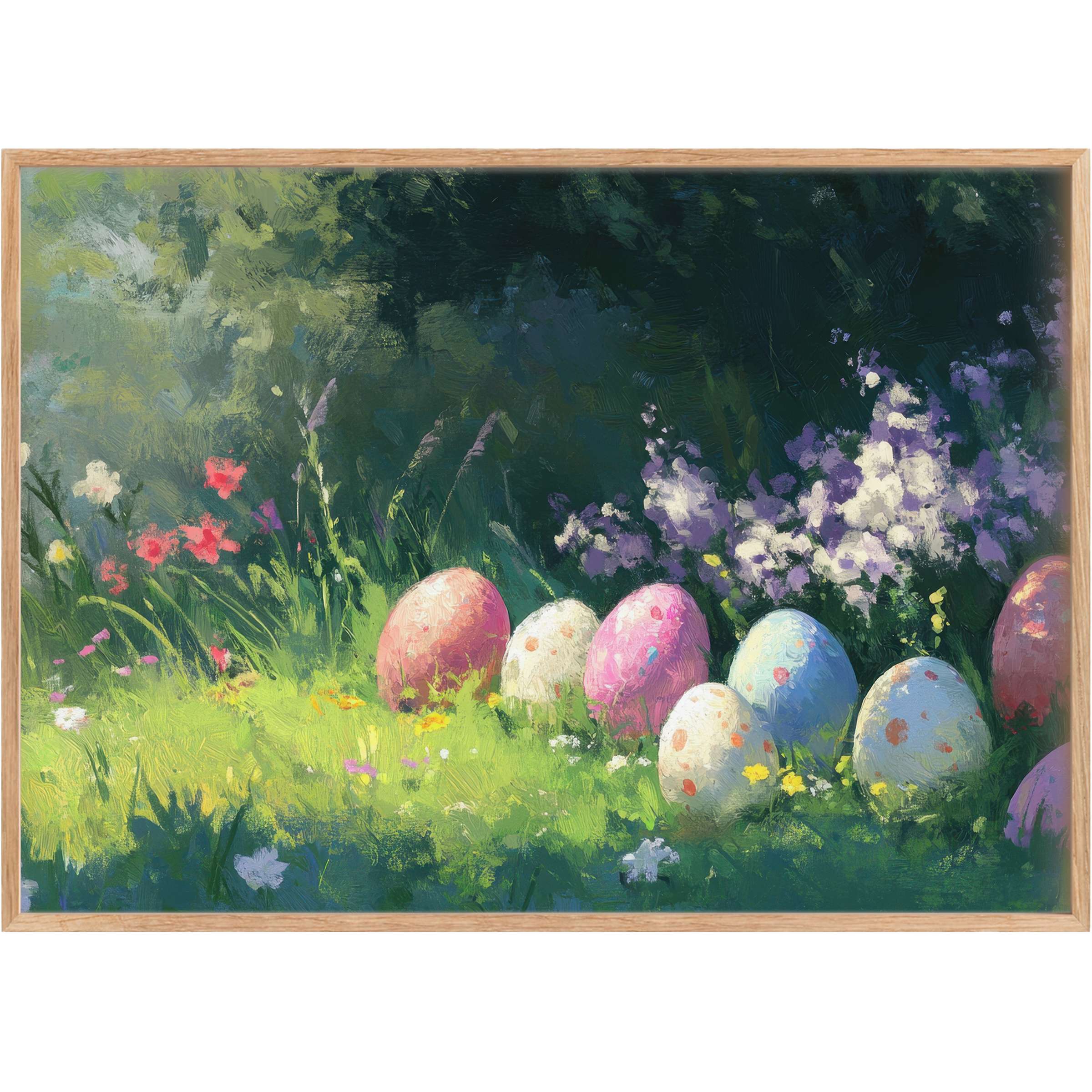 Easter printable wall art featuring pastel-speckled eggs nestled in radiant green grass, evoking serene springtime elegance