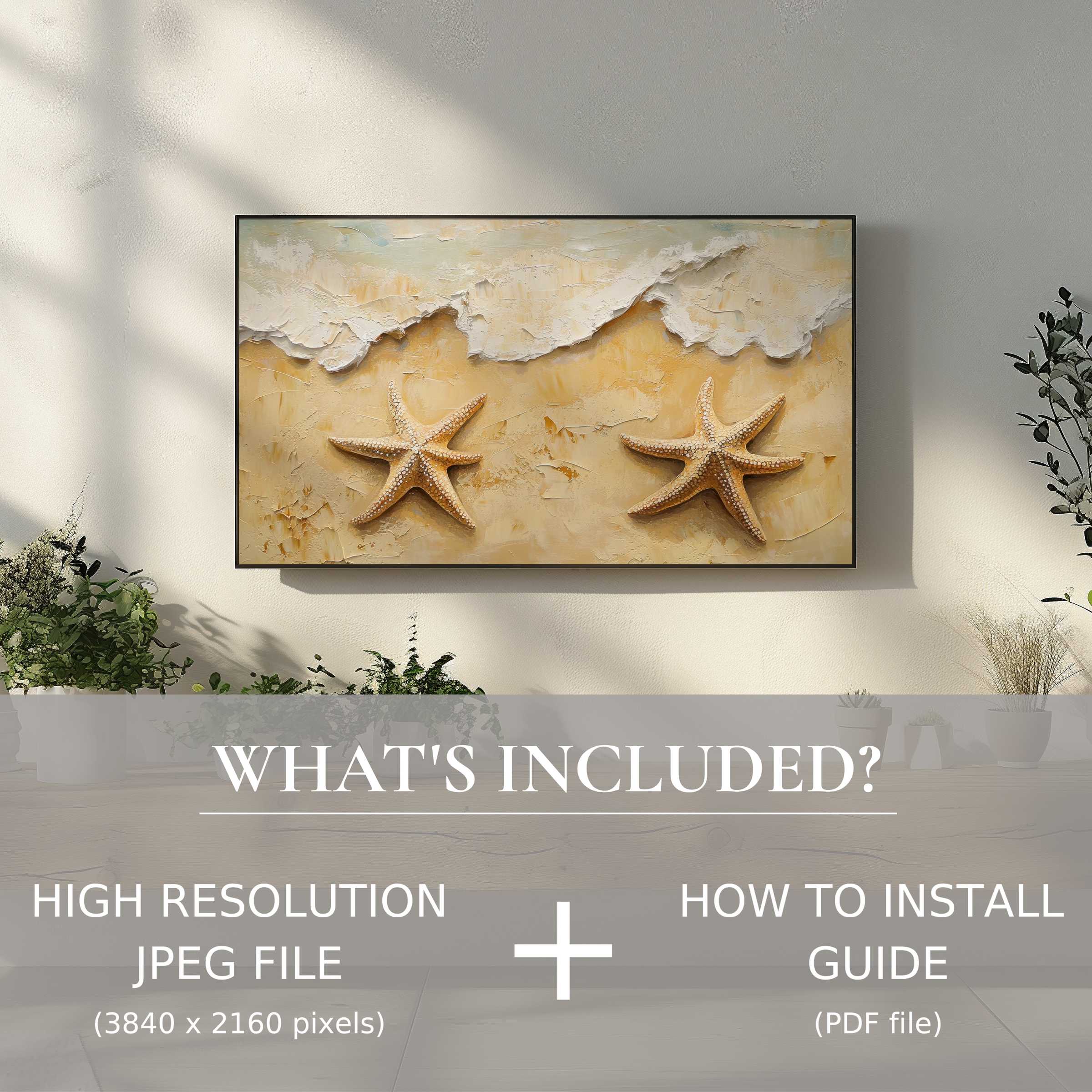 Elegant beach digital TV art download with easy use, enhancing serene living spaces with textured starfish coastal charm