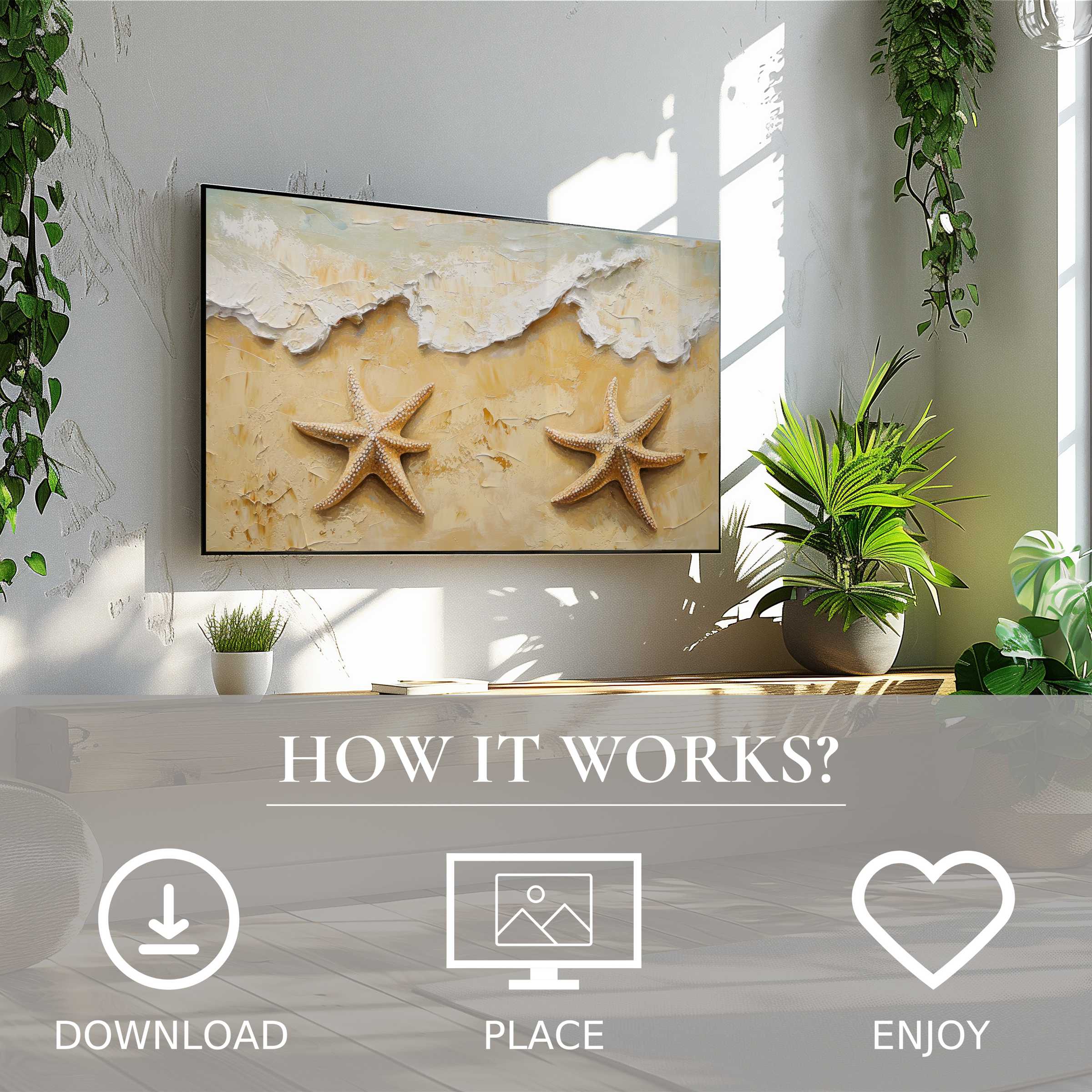Modern living room with beach art for Samsung TV featuring textured starfish and sand waves Easy digital download