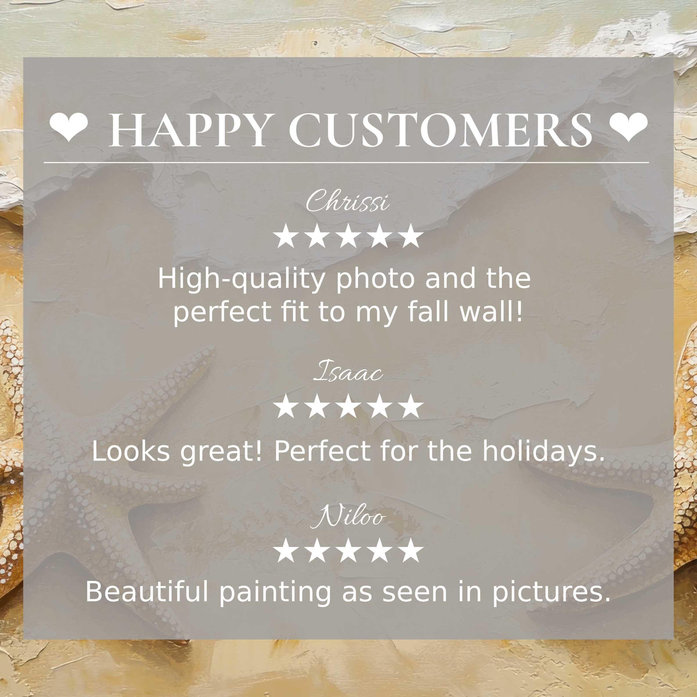 Elegant abstract sunset colors with starfish; beach art for Frame TV trusted by happy customer reviews emphasizing quality