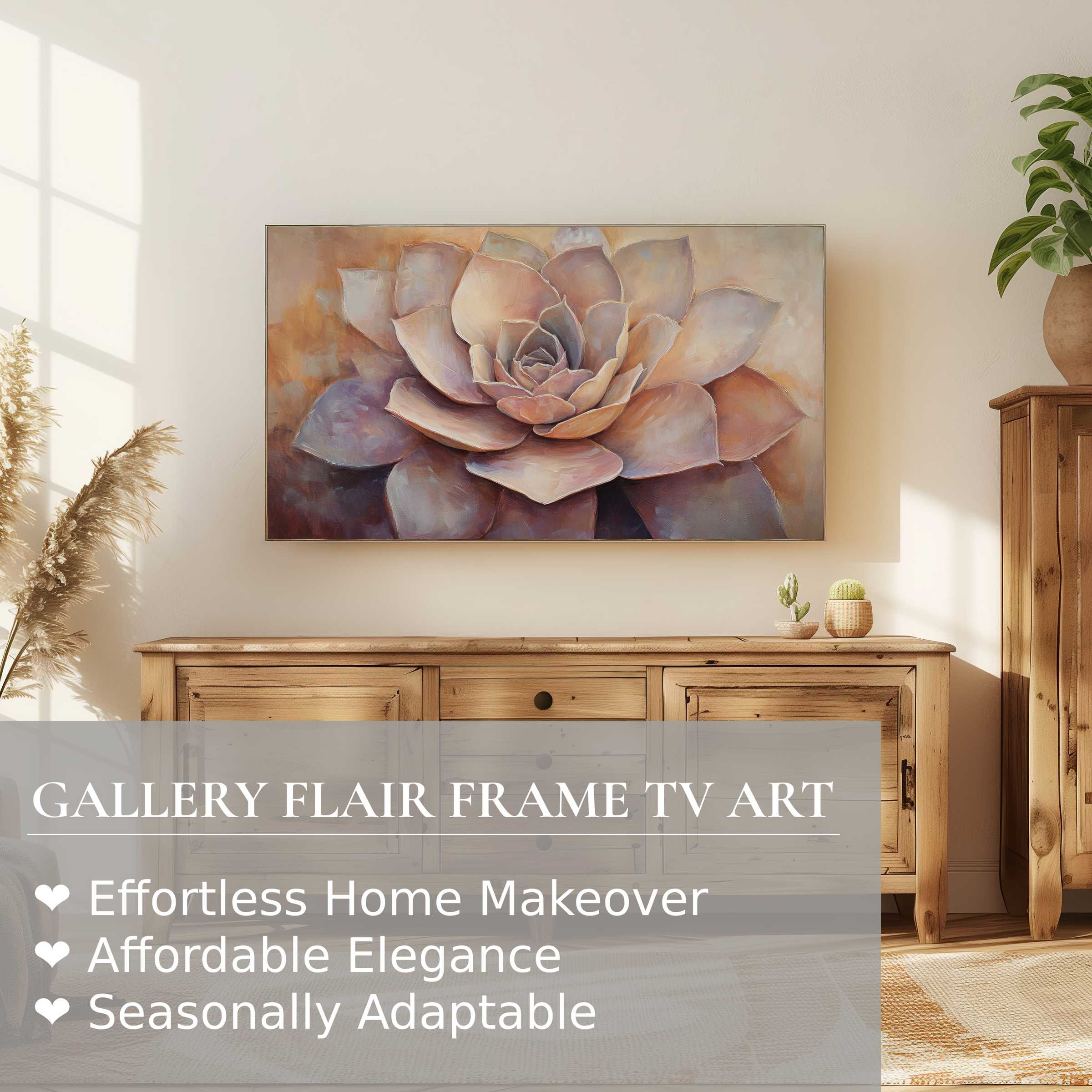 Samsung Frame TV displaying refined botanical digital artwork in warm tones, enhancing modern rustic interiors