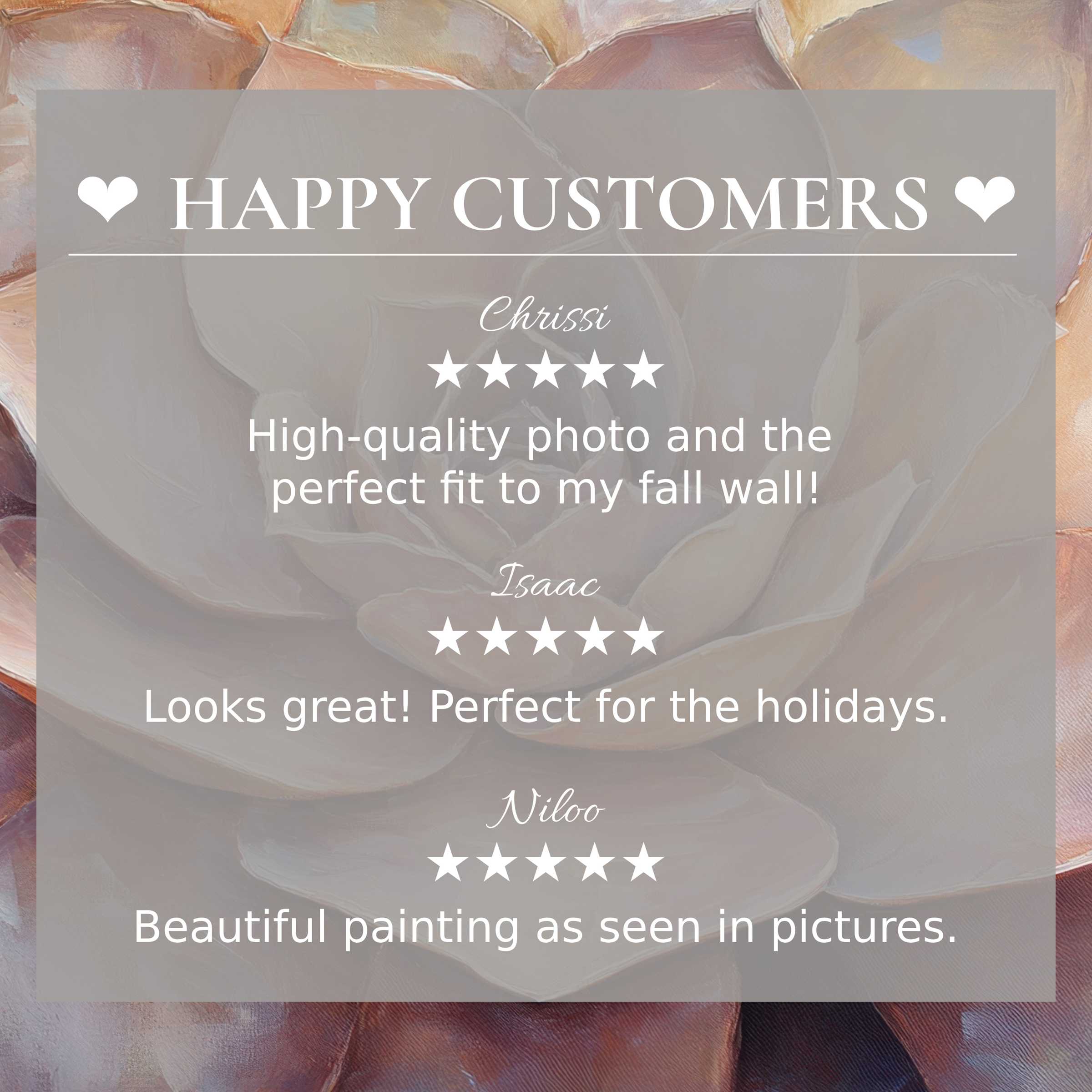 Happy customer reviews showcase botanical art for Frame TV with an elegant abstract sunset background