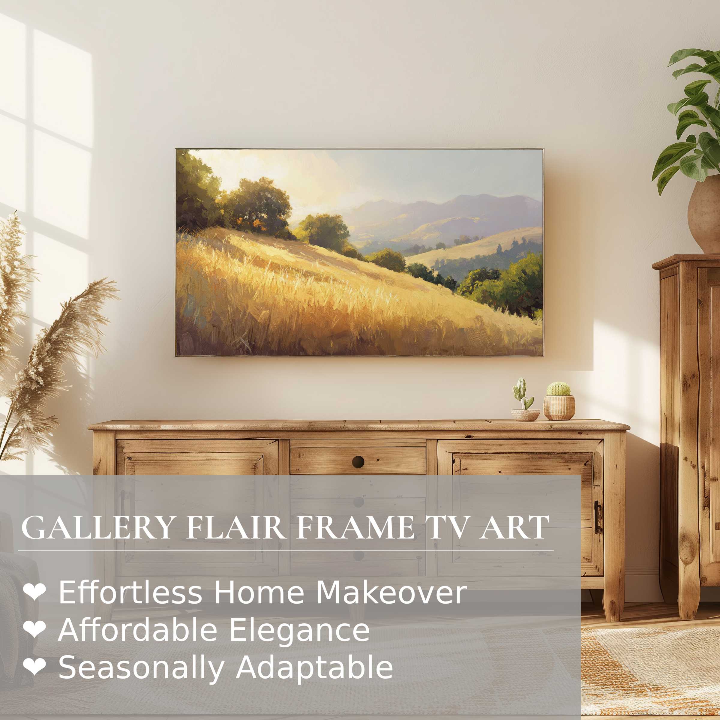 Minimalist living room with warm wood tones, Samsung Frame TV displaying serene summer digital artwork of golden hills
