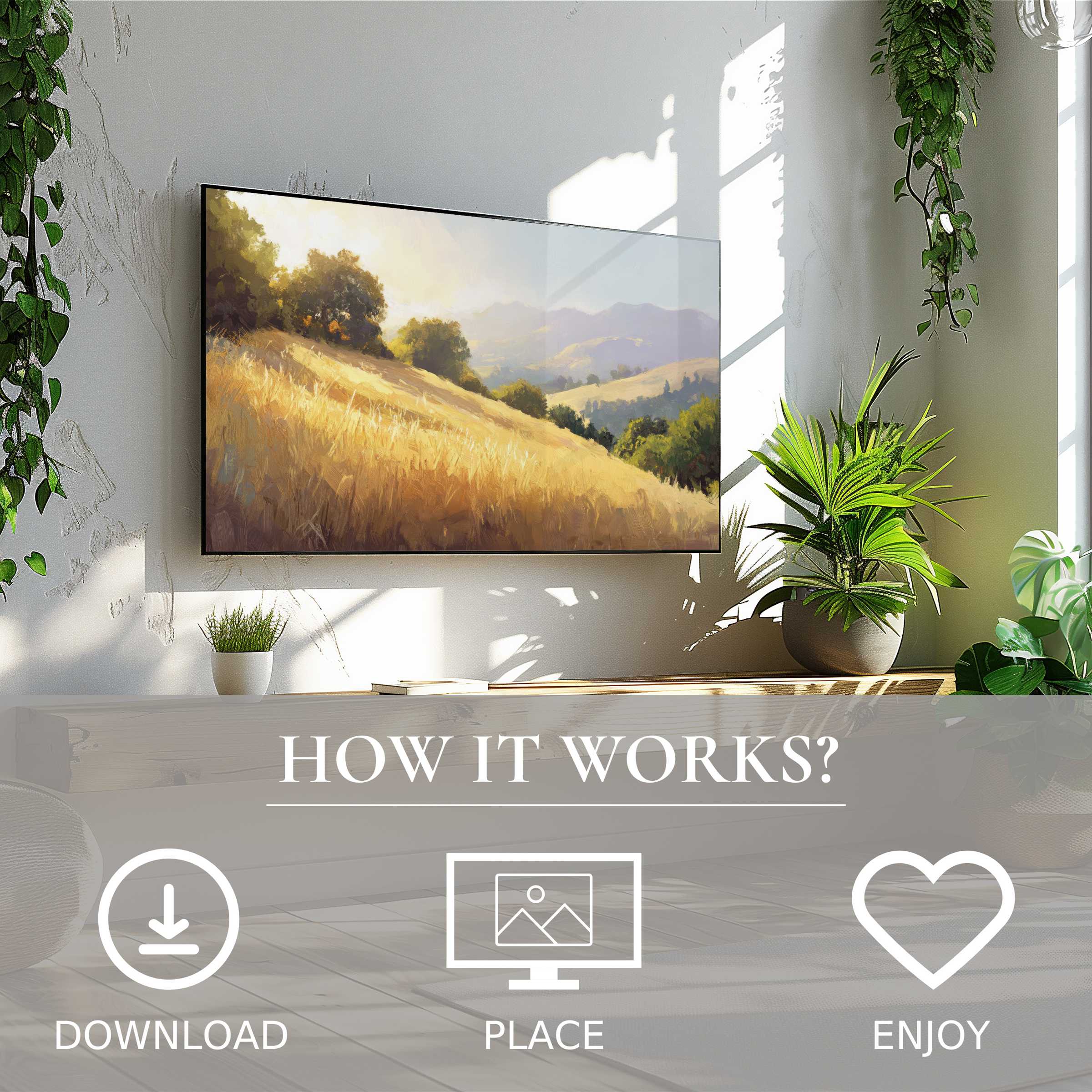 Summer art for Samsung TV shows soft sunset tones over golden fields, easy digital download enriches your modern living space