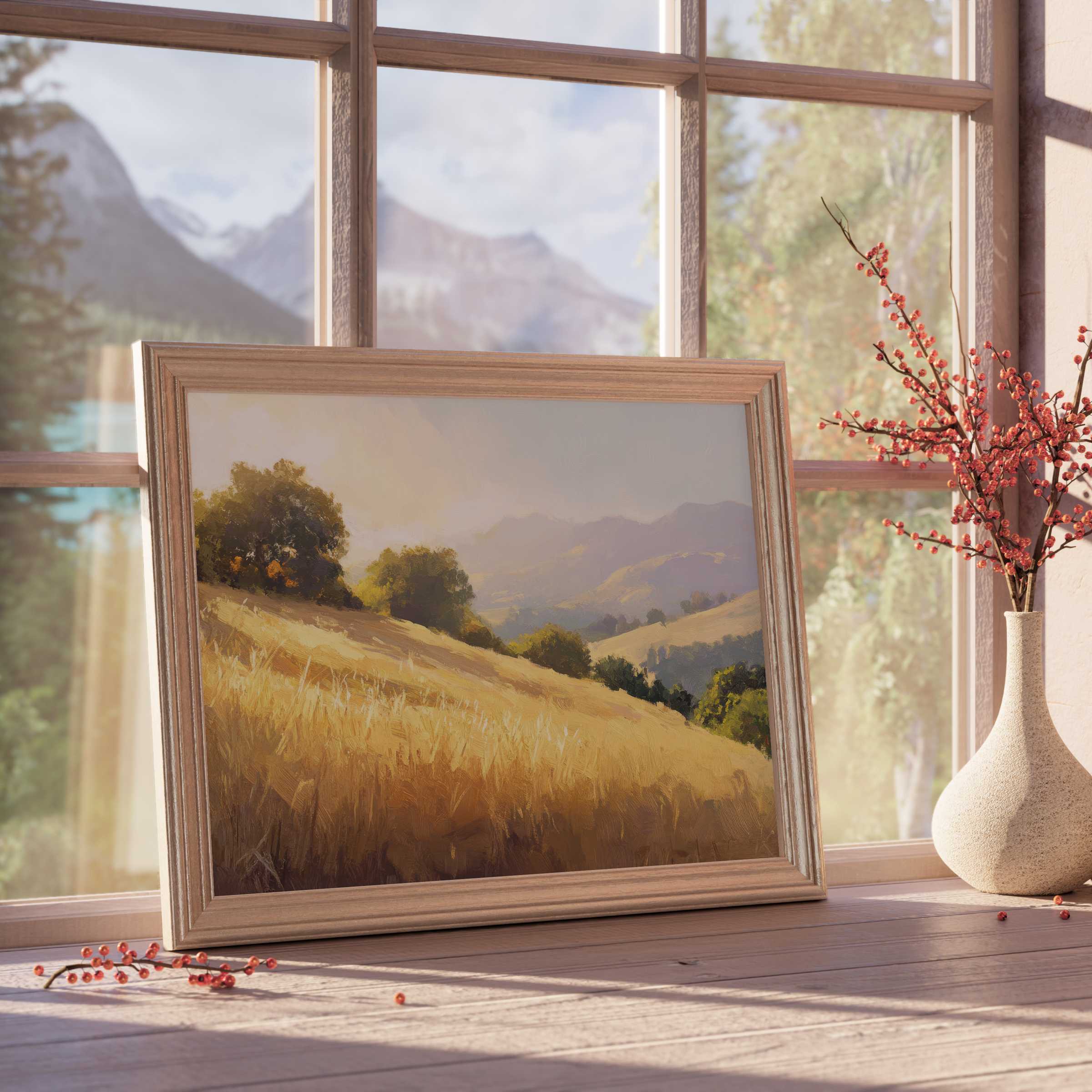 Golden summer downloadable art capturing serene rolling hills bathed in warm light, perfect for curated, tranquil interiors
