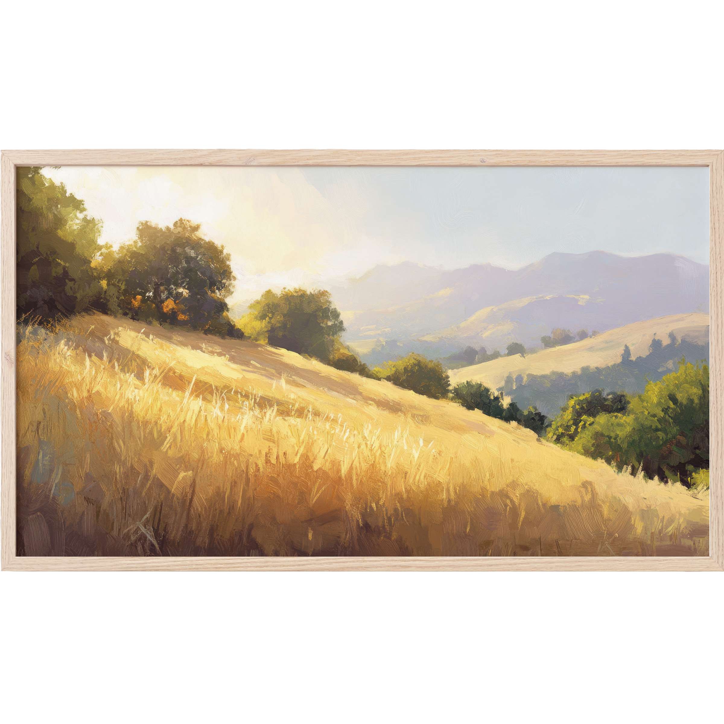 Golden fields and soft green trees under a hazy sky create serene summer Frame TV Art with a luminous, impressionist style