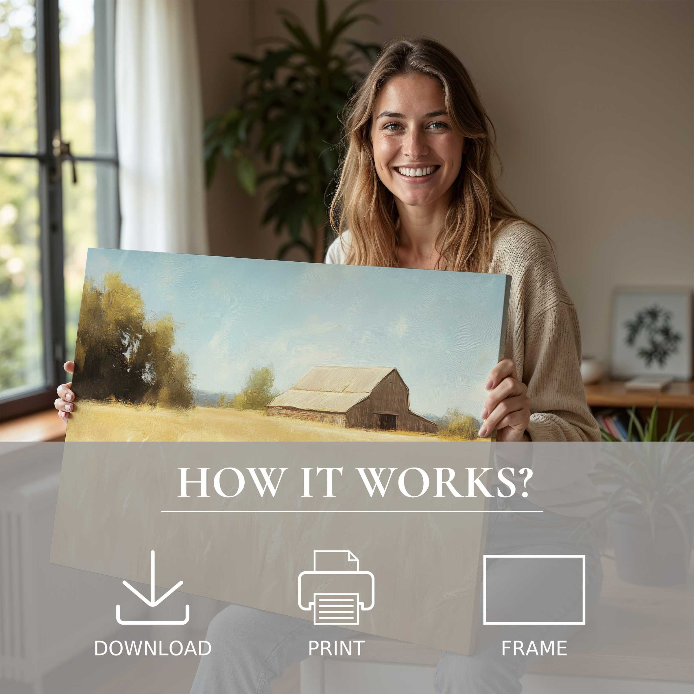 Woman radiates joy in a sunlit modern home, embracing the warmth of farmhouse digital art print’s serene charm