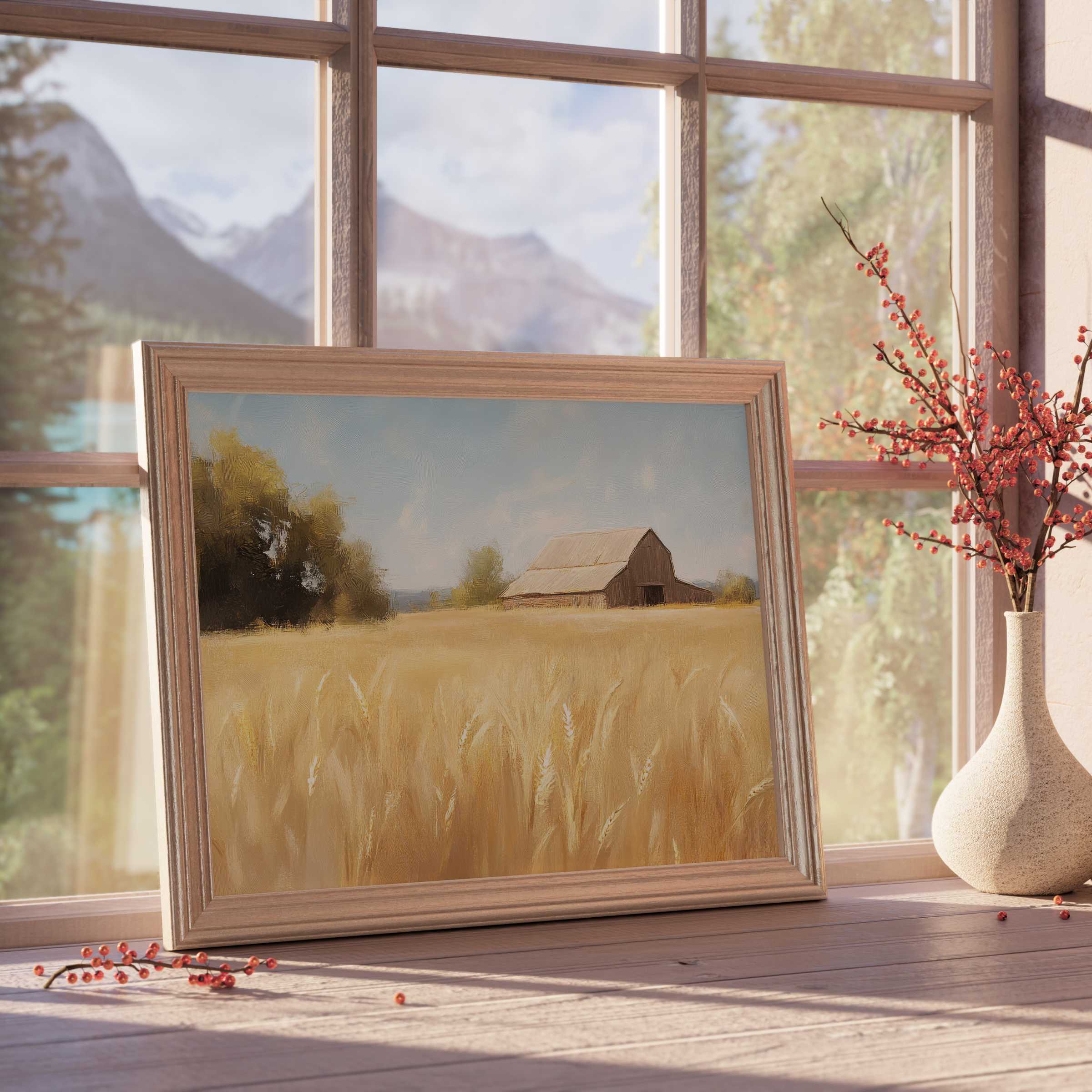 Farmhouse downloadable art capturing golden wheat fields and rustic charm, perfect for serene, design-forward interiors