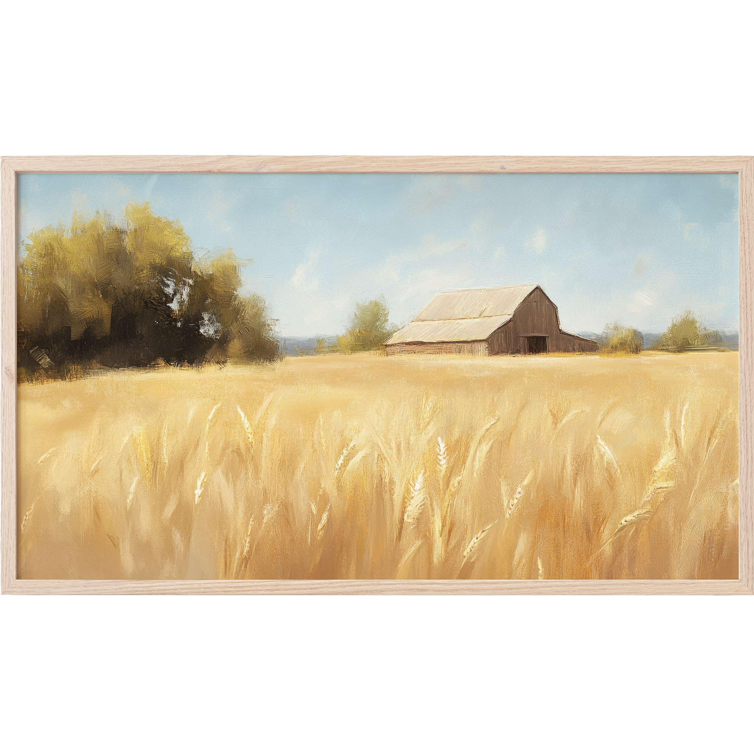 Farmhouse Frame TV Art of a serene golden wheat field with rustic barn and soft blue sky, in warm earthy tones