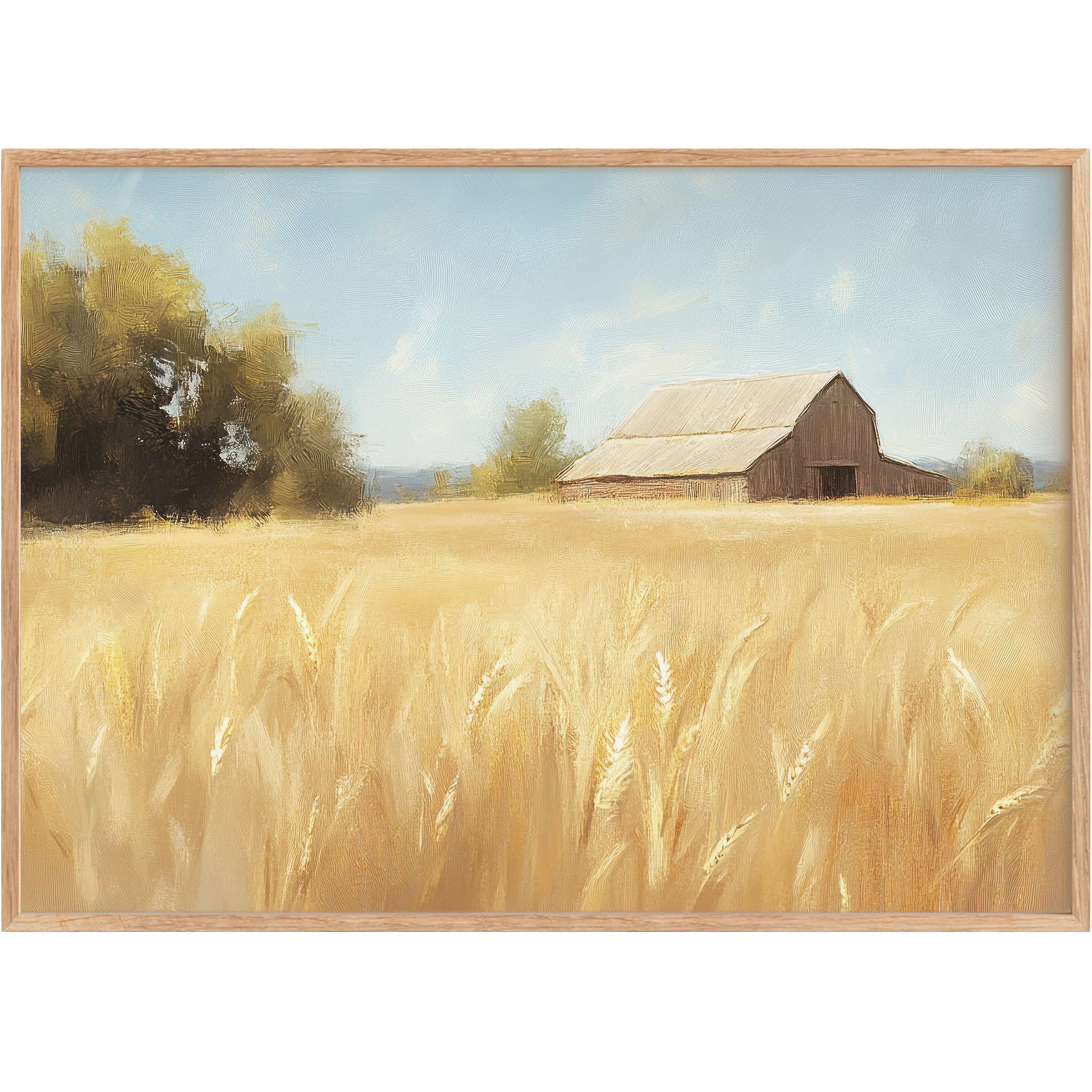 Golden wheat fields bask under a soft blue sky, with a rustic barn adding warmth-an inviting farmhouse printable wall art