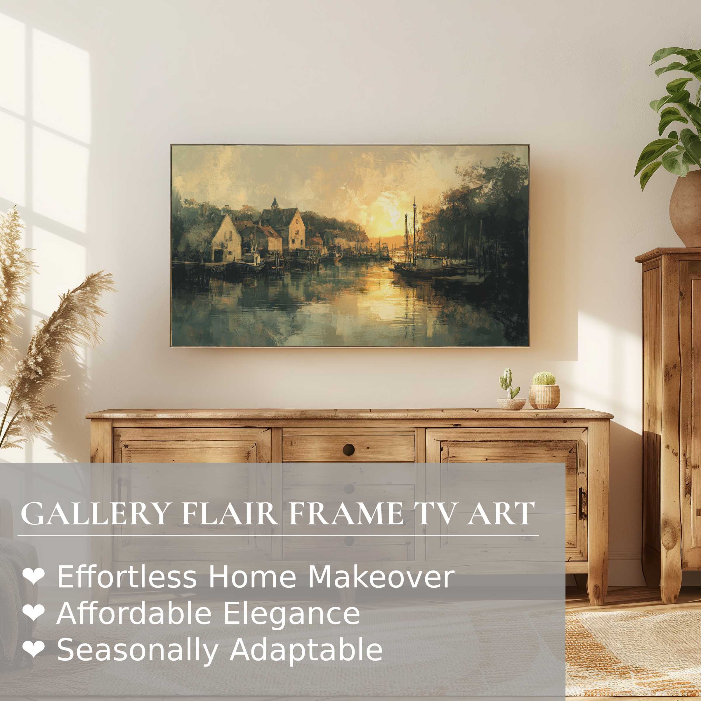 Samsung Frame TV with vintage digital artwork depicting a serene harbor at sunset for refined decor