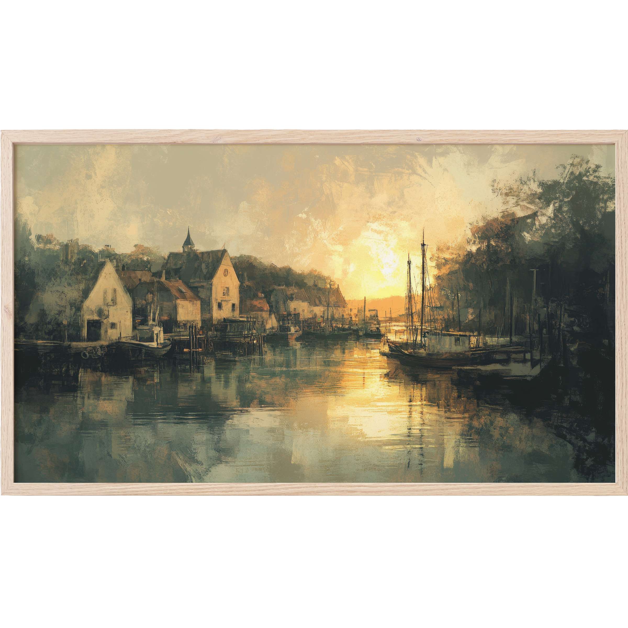 Vintage Frame TV Art depicting a serene harbor at sunset with muted earth tones and impressionist brushstrokes