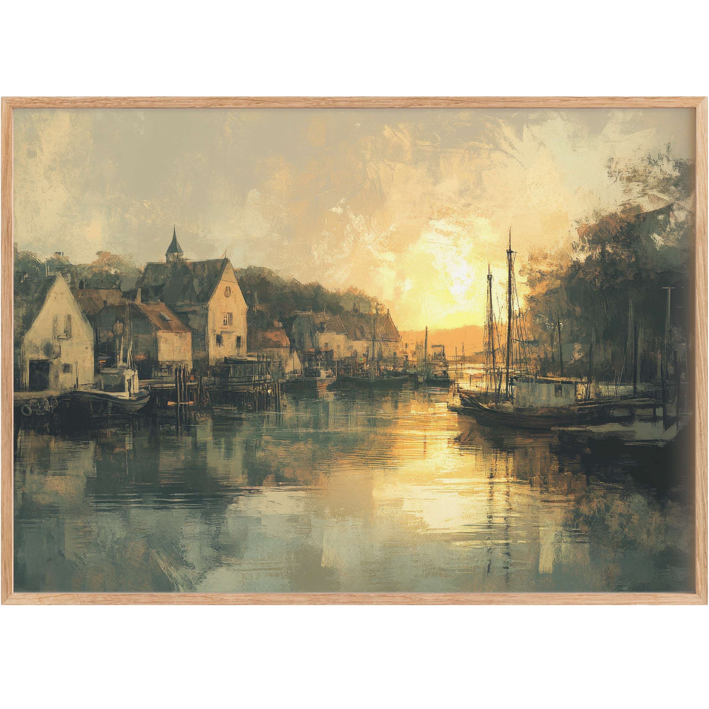 Vintage printable wall art capturing a serene harbor at sunset, with warm golds and soft blues creating a tranquil, timeless ambiance