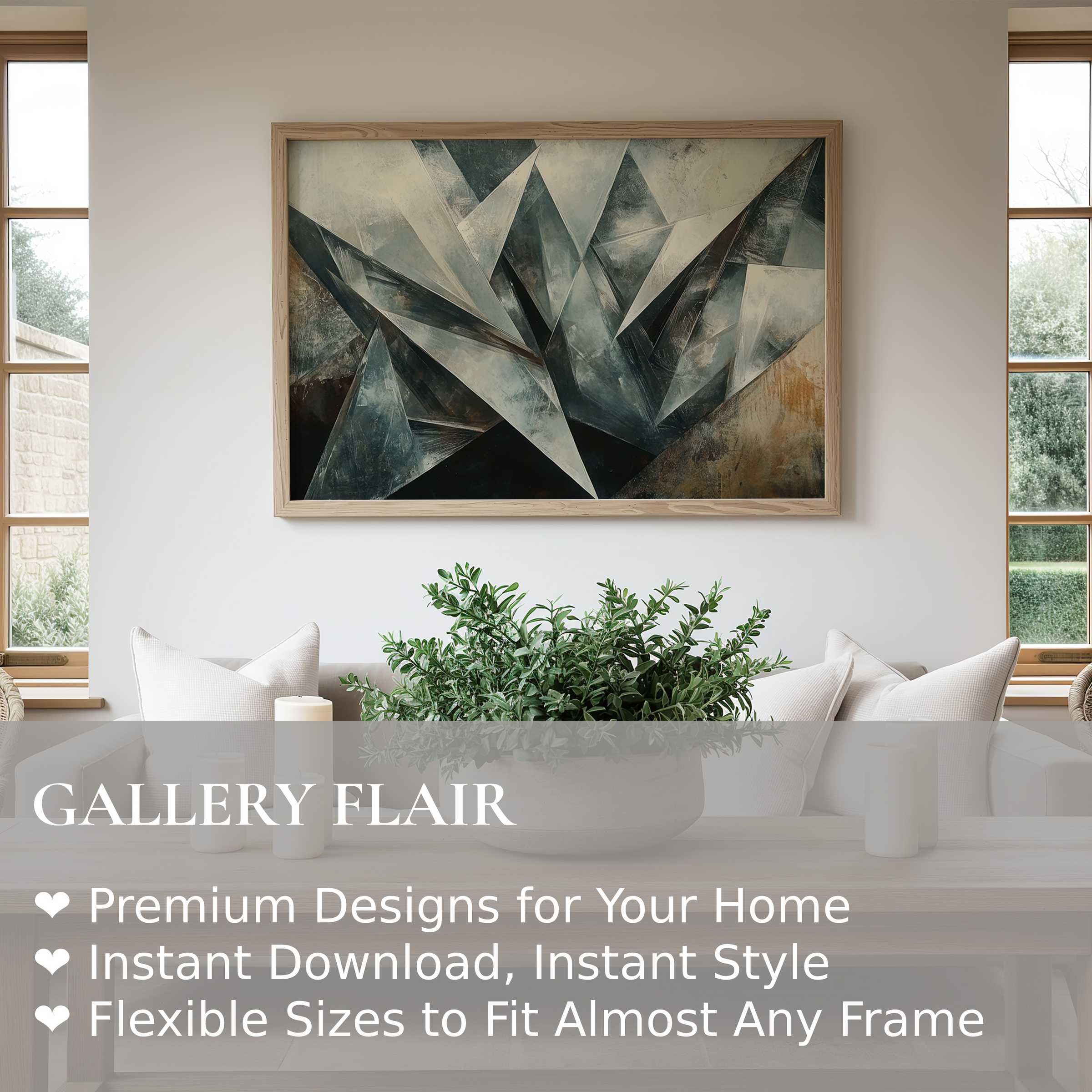 Abstract wall art print with geometric shapes in muted tones, enhancing minimalist interiors with bold, sophisticated elegance and a calming vibe