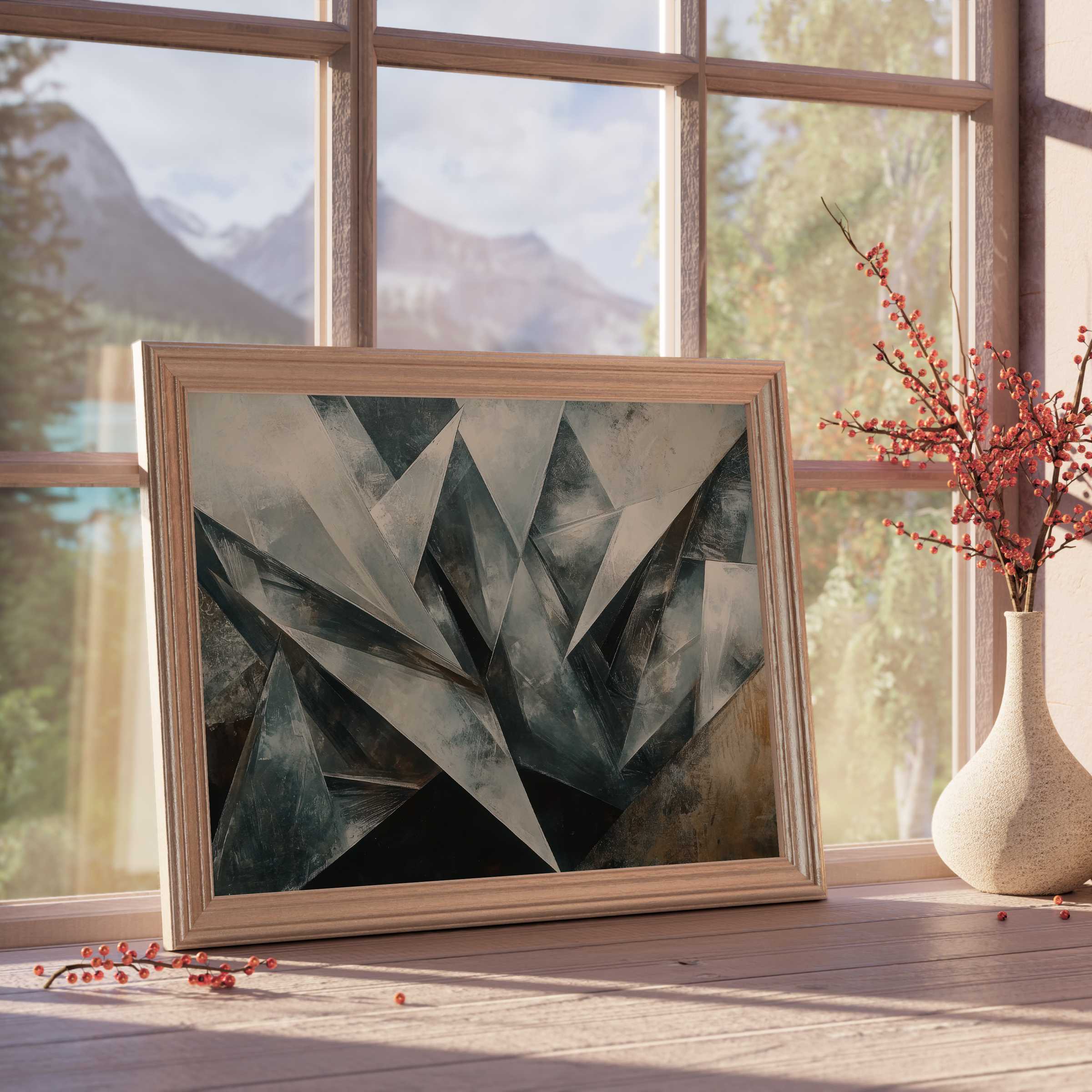 Abstract downloadable art in muted tones with dynamic geometric facets, elevating serene, curated interiors