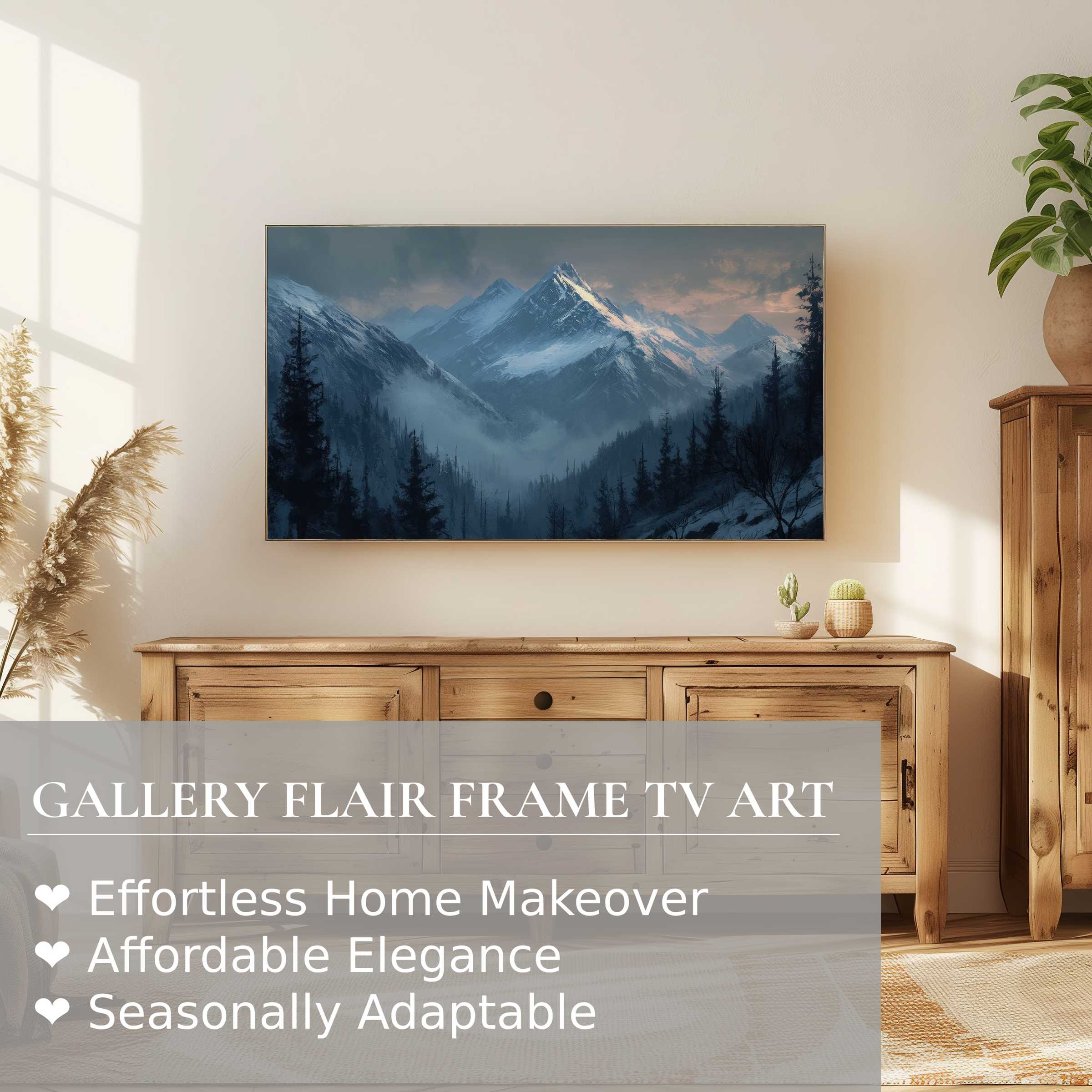 Samsung Frame TV displaying serene landscape digital artwork of misty mountains in a modern minimalist room
