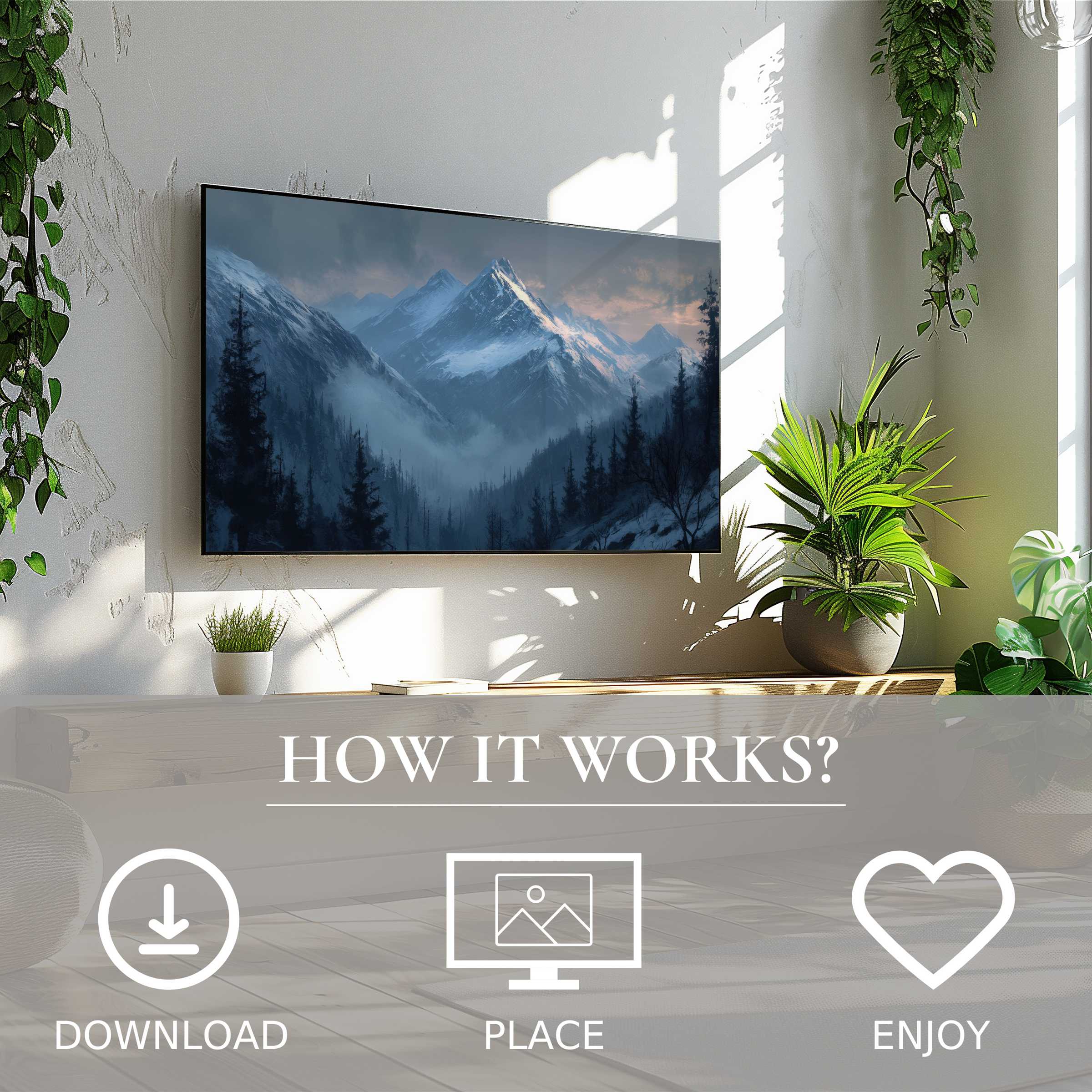 Modern living room with landscape art for Samsung TV, showcasing misty mountain peaks - easy digital download enriches space