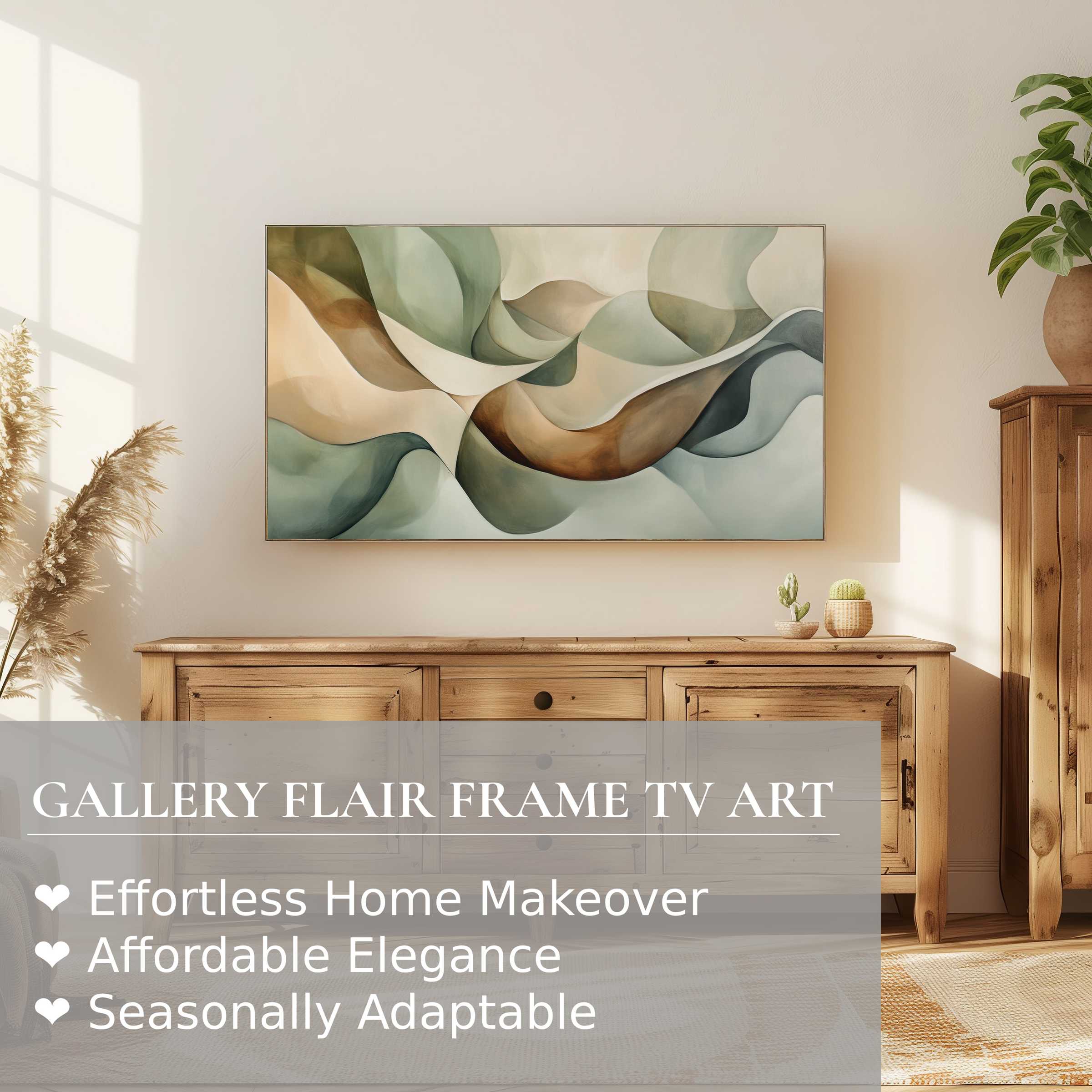 Samsung Frame TV displays modern digital artwork in warm, organic hues, blending seamlessly with elegant natural decor