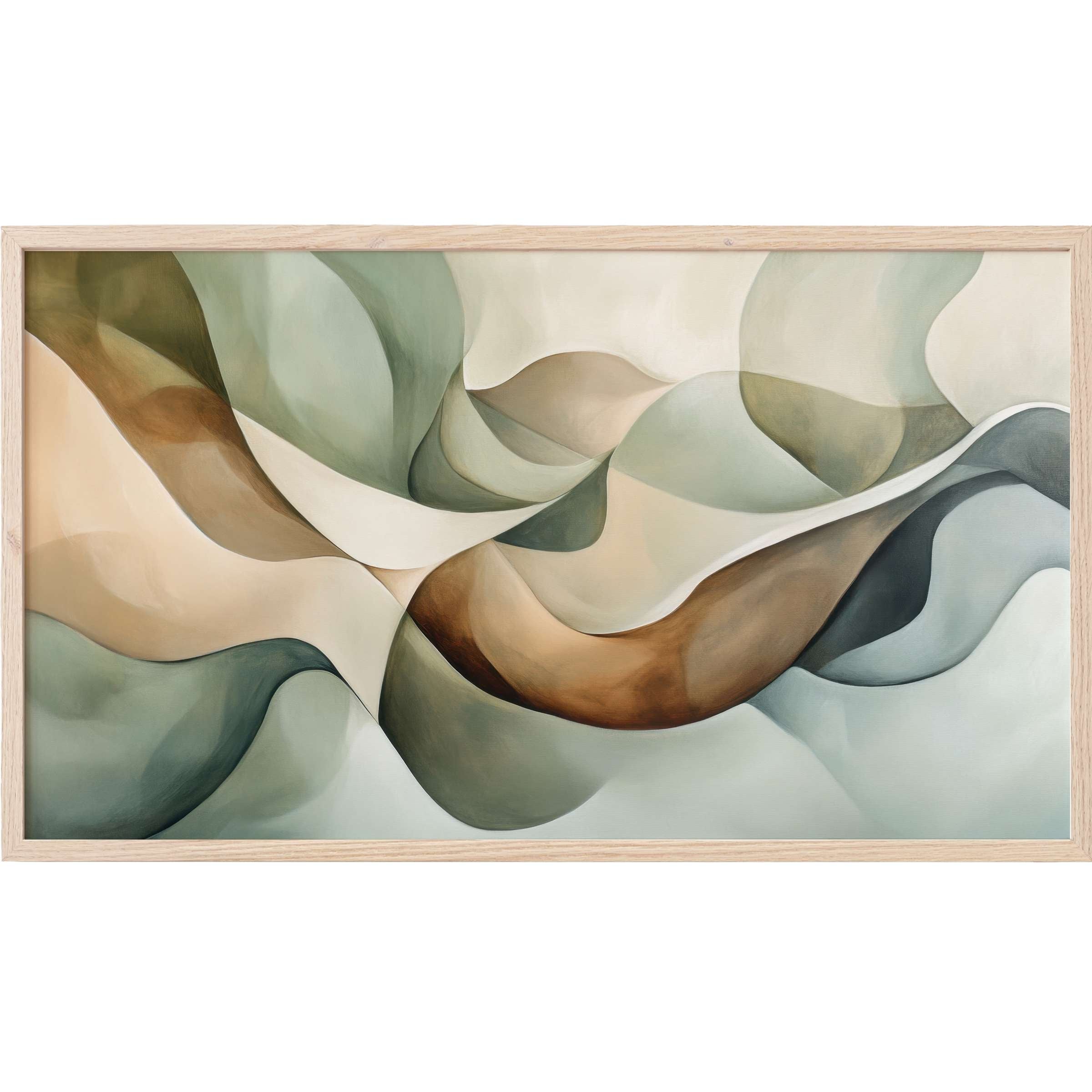 Modern Frame TV Art with flowing abstract shapes in soft greens, browns, and creams for elegant contemporary decor