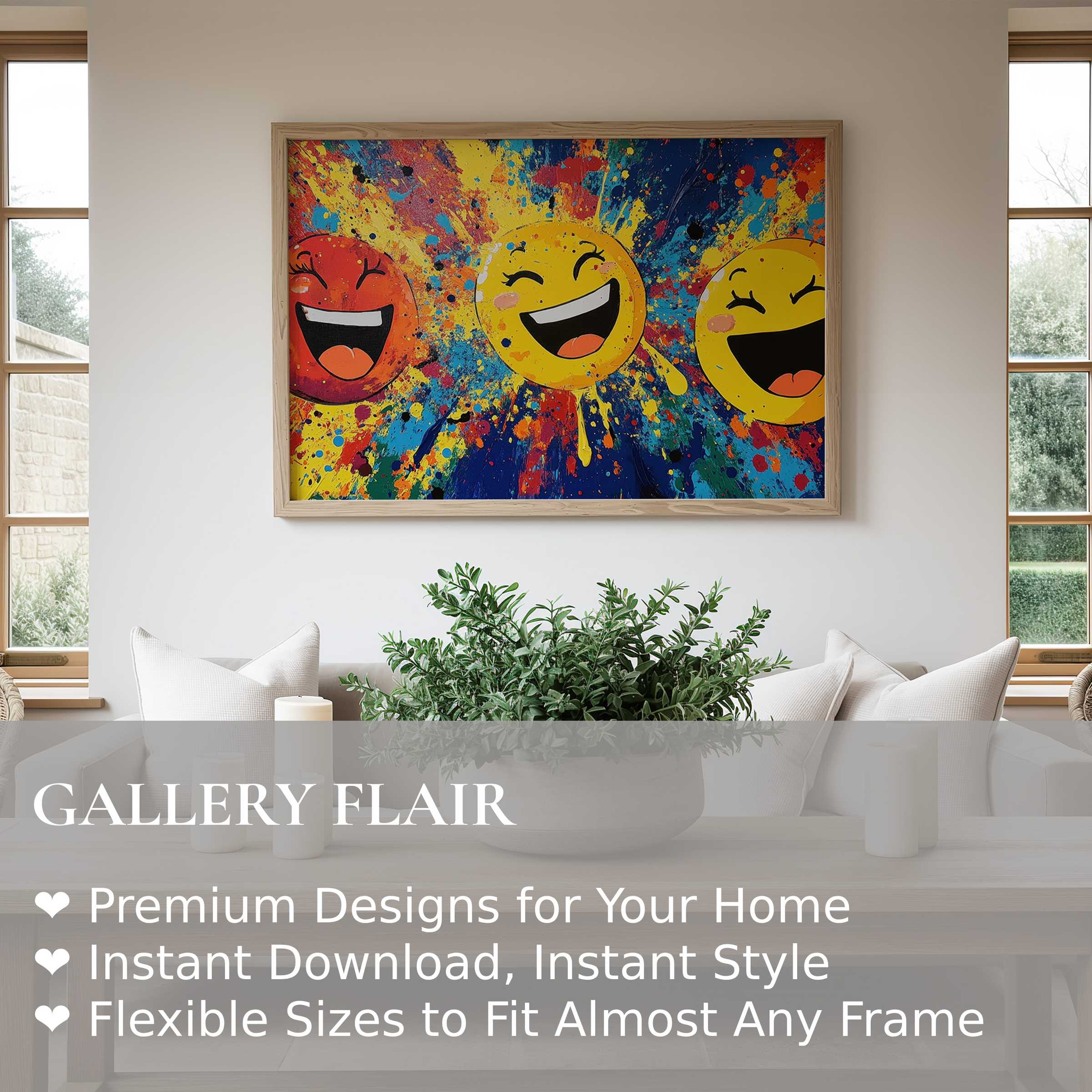 Vibrant pop art wall art print with joyful emojis and dynamic splashes, elevating modern minimalist interiors with bold, playful energy