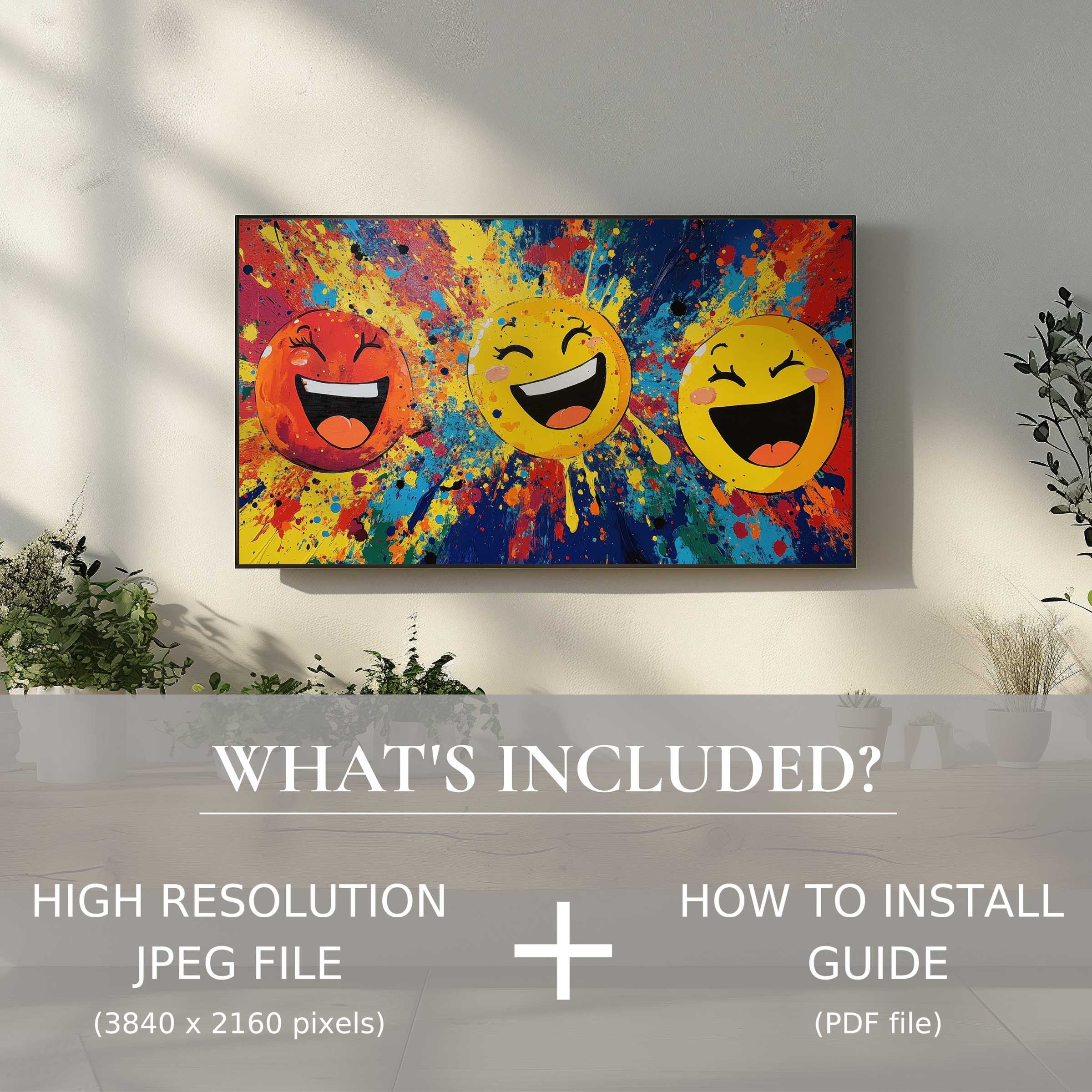 Vibrant pop art digital TV art download with joyful emojis brightens modern living spaces, hassle-free digital use included