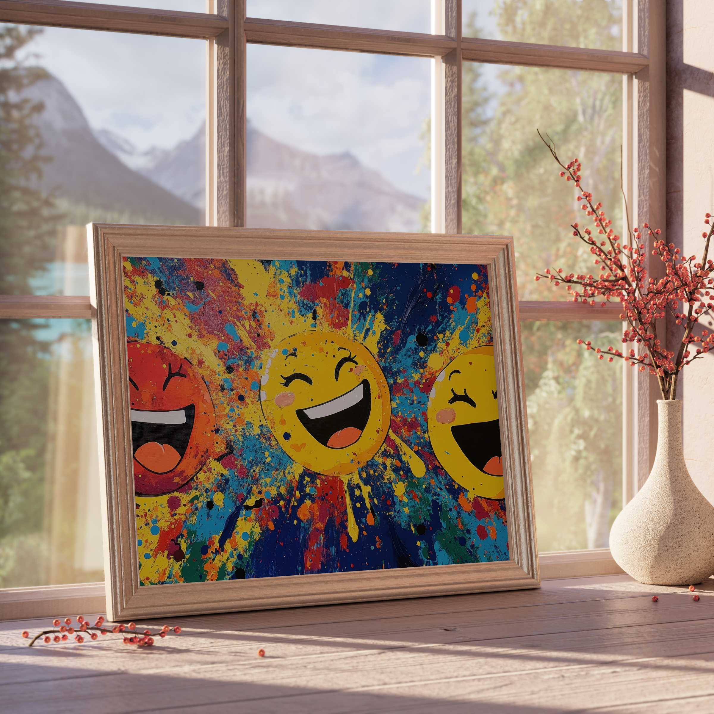 Pop art downloadable art featuring vibrant, joyful smiley faces with dynamic paint splashes, elevating curated, lively interiors
