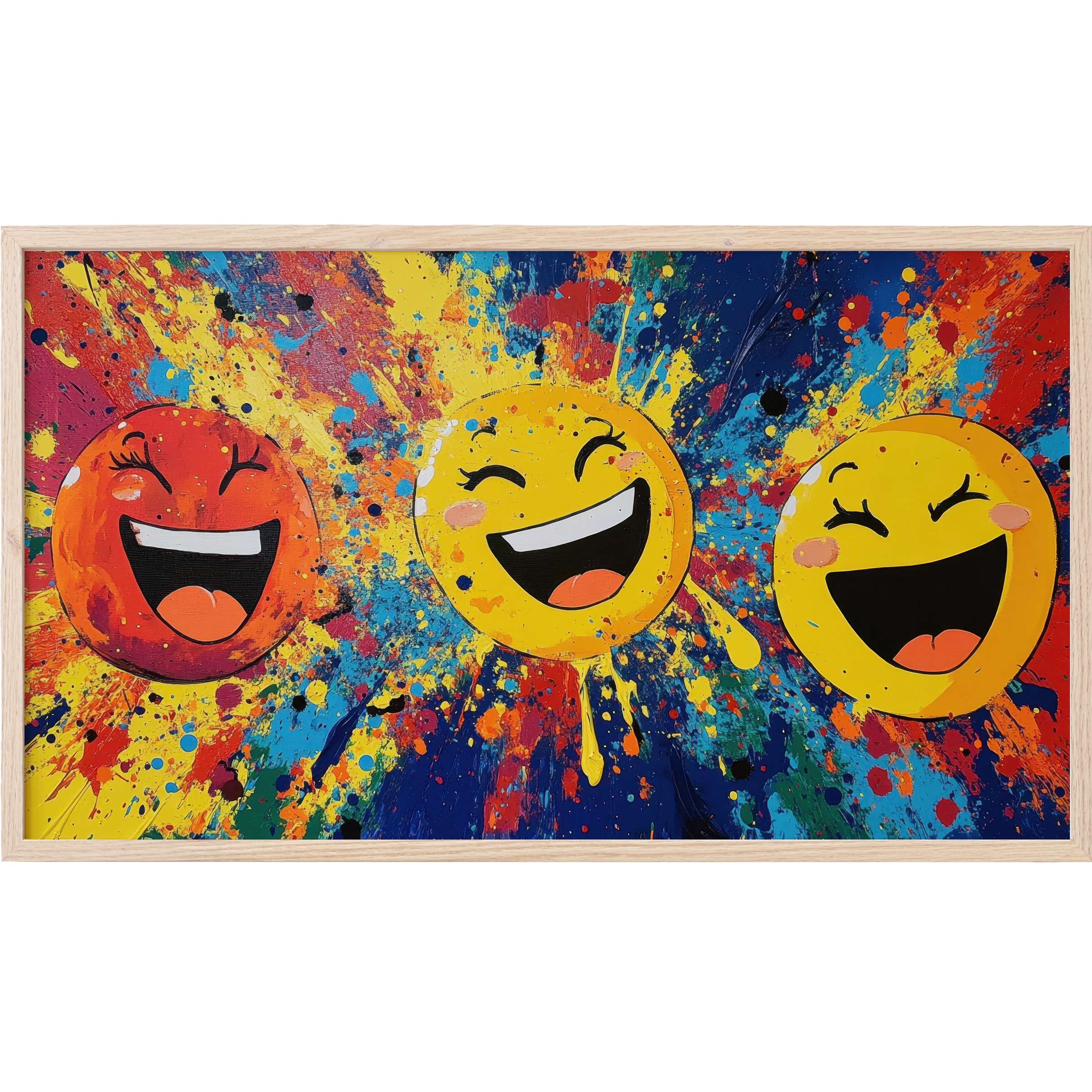 Vibrant pop art Frame TV Art with joyful emoji faces bursting from colorful splashes in bold yellows, reds, blues