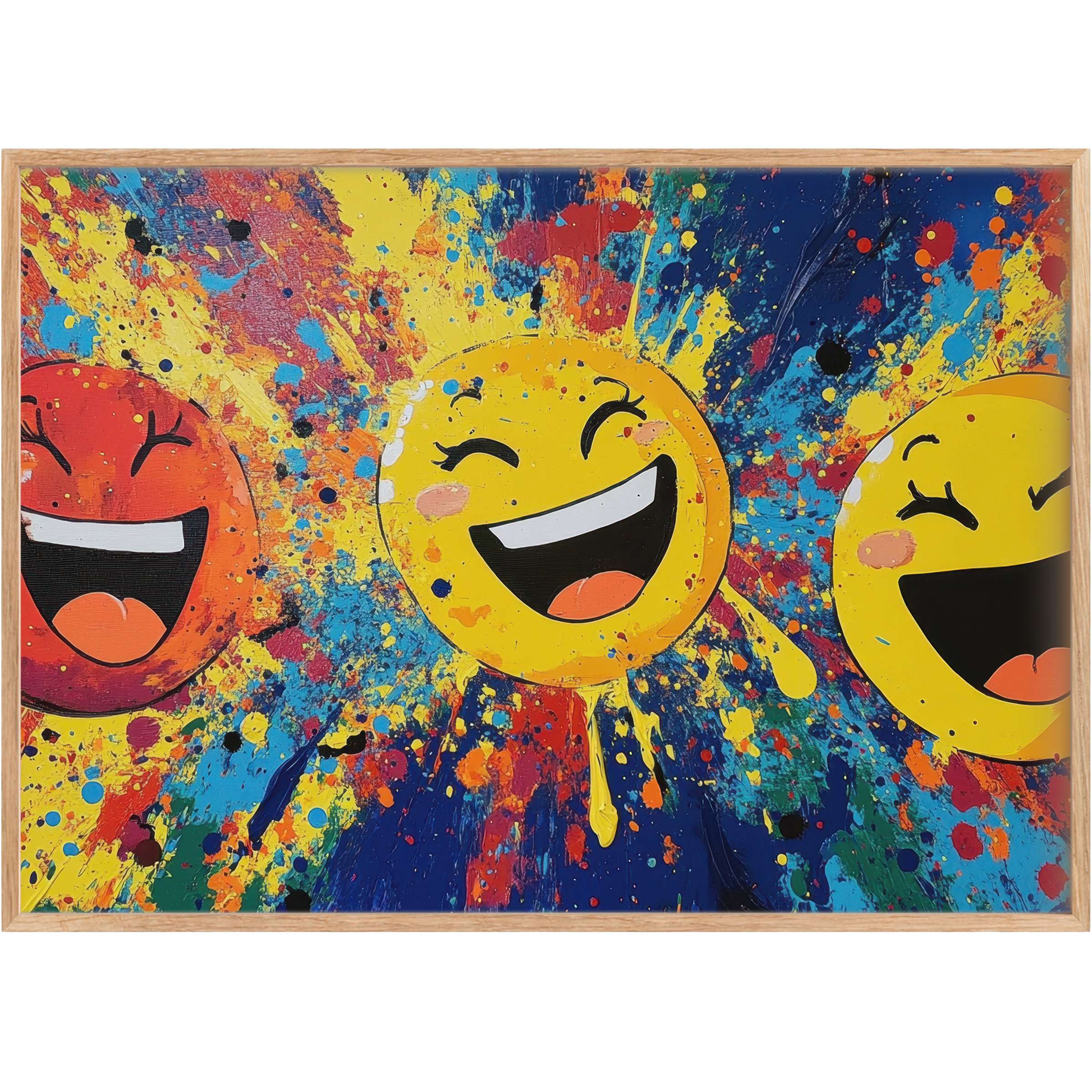 Vibrant pop art printable wall art featuring joyful emoticons in radiant yellows, reds, and blues, energizing any contemporary space