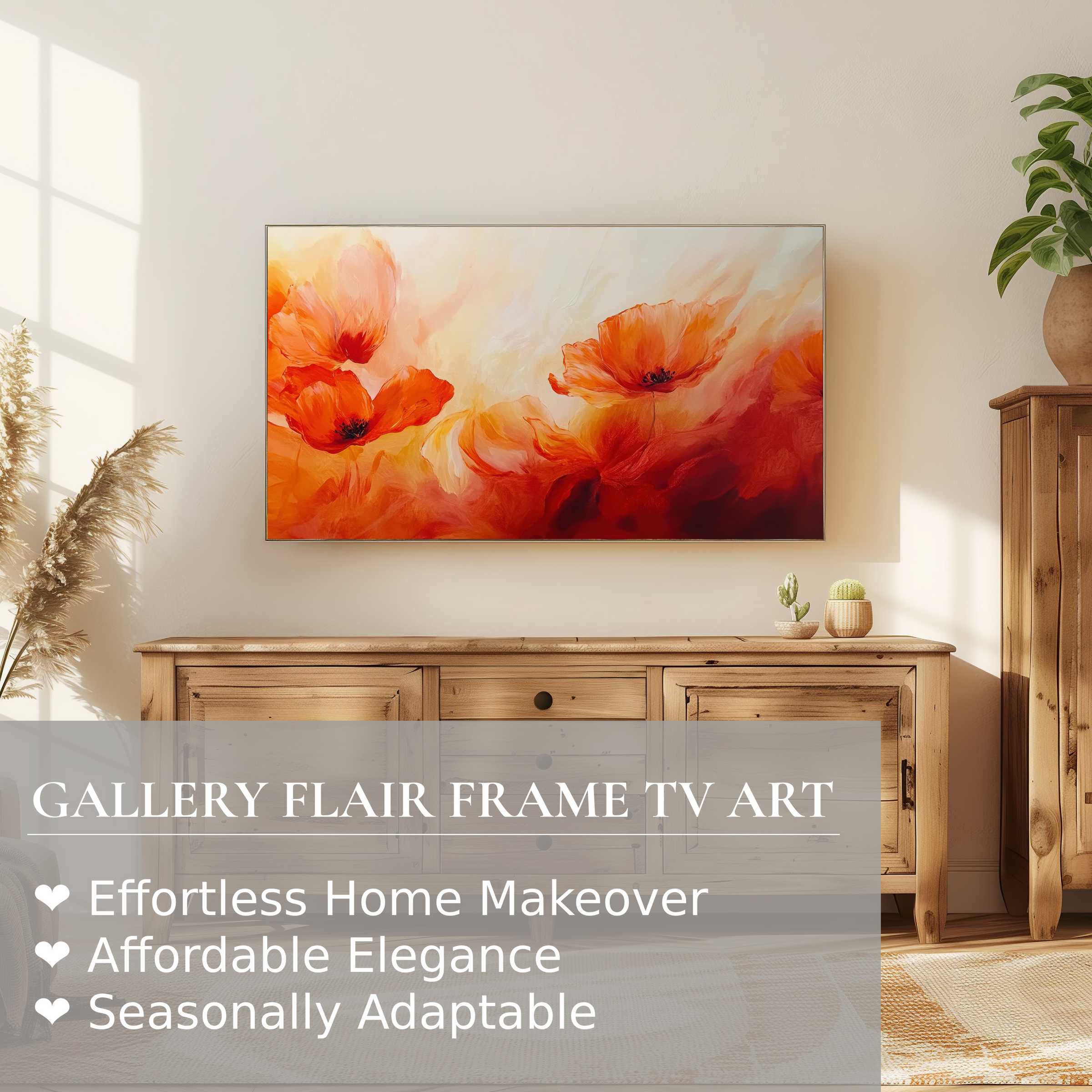 Samsung Frame TV showcasing vibrant floral digital artwork in a sunlit, elegant room with natural wood furnishings