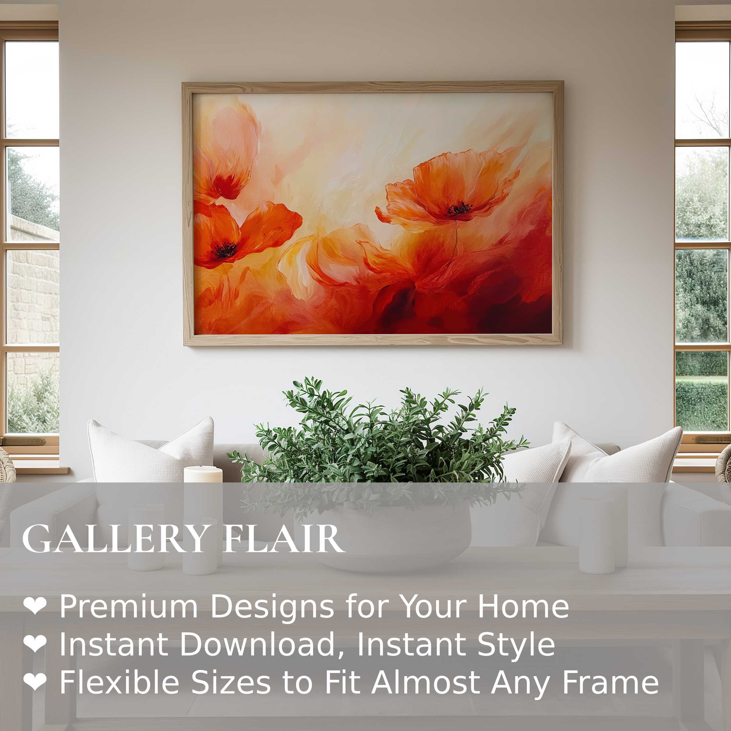 Radiant floral wall art print featuring vibrant orange poppies, enhancing modern minimalist interiors with warmth and bold elegance